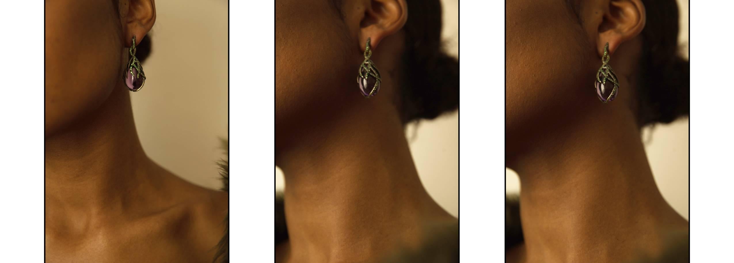 Contemporary Wendy Brandes 50 Carat Amethyst Drop Earrings With Tsavorites in 18K Yellow Gold
