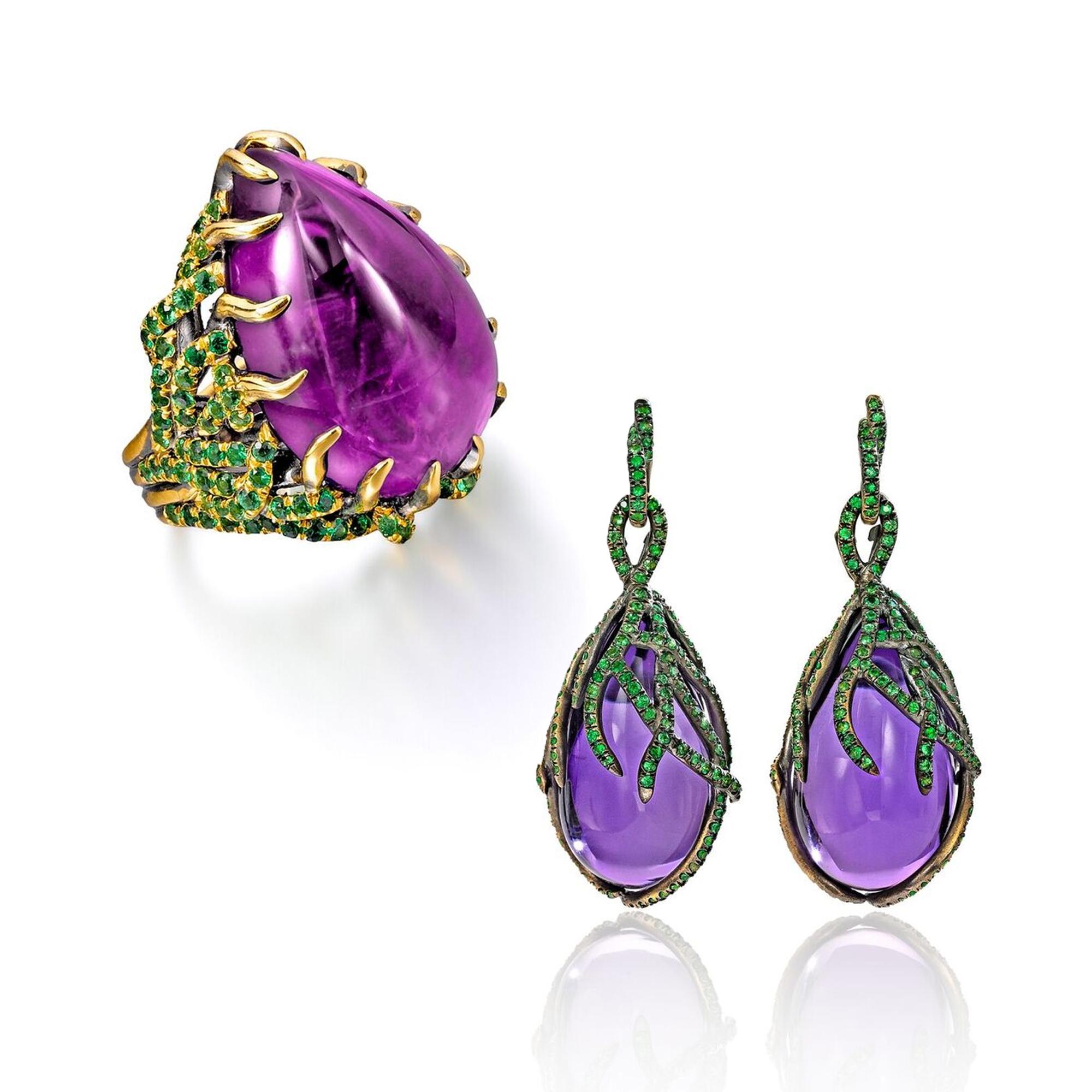 Wendy Brandes Cabochon Amethyst and Tsavorite Ring and Earrings Set 4
