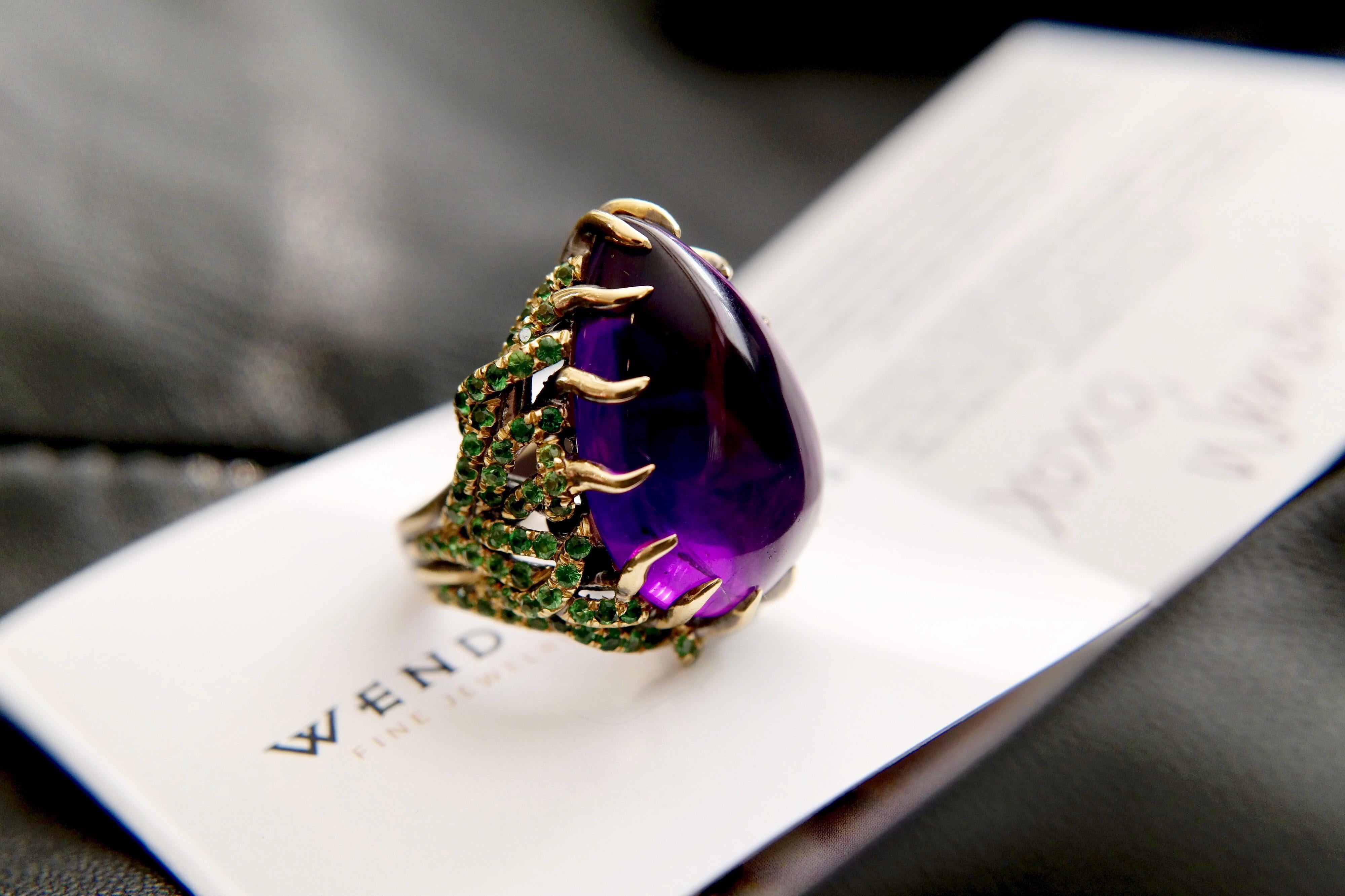 Wendy Brandes Cabochon Amethyst and Tsavorite Ring and Earrings Set In New Condition In New York, NY