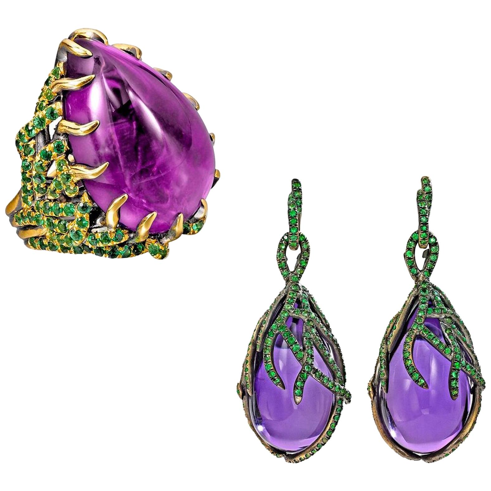 Wendy Brandes Cabochon Amethyst and Tsavorite Ring and Earrings Set