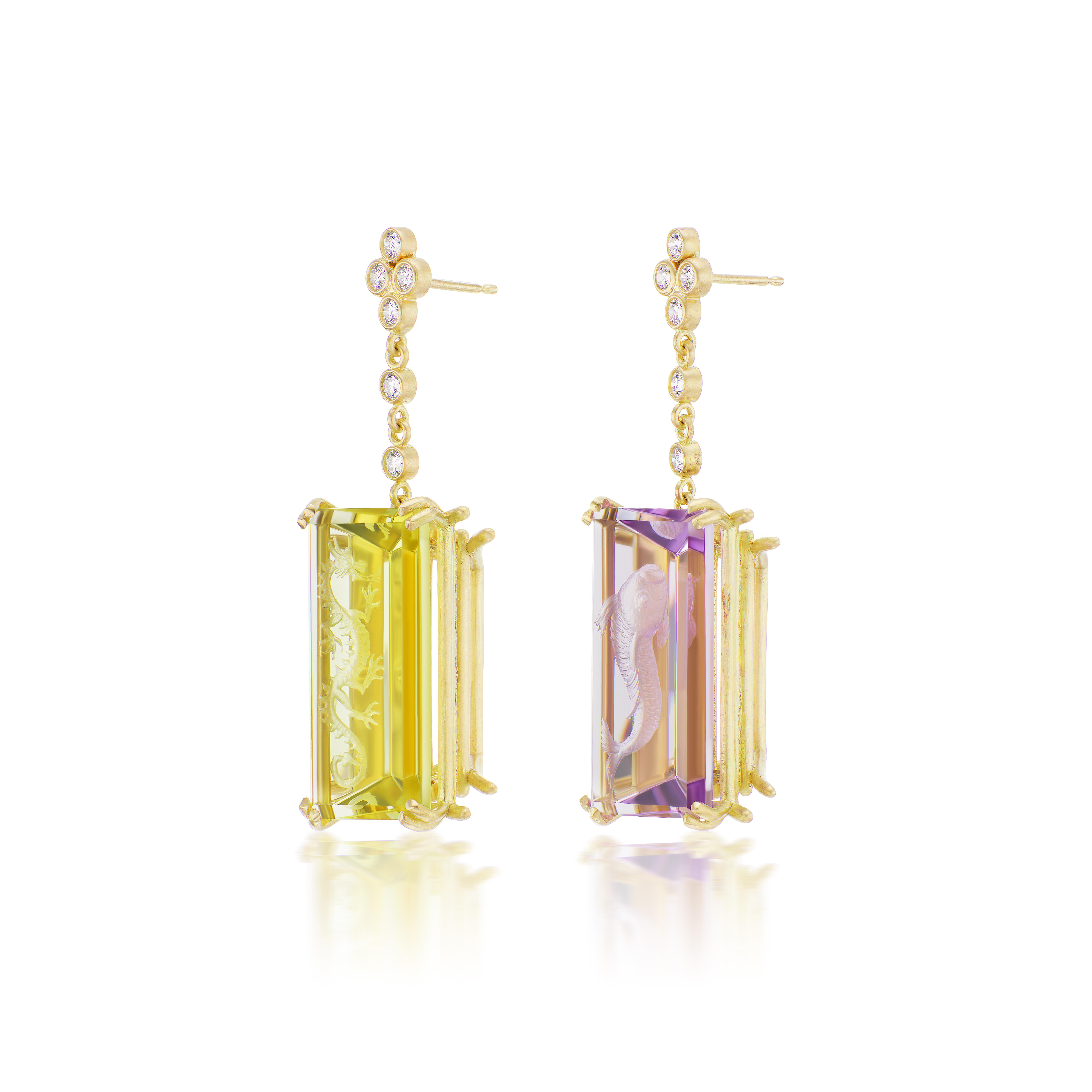 Contemporary Wendy Brandes Amethyst and Citrine Yellow Gold Dangle Earrings with Diamonds