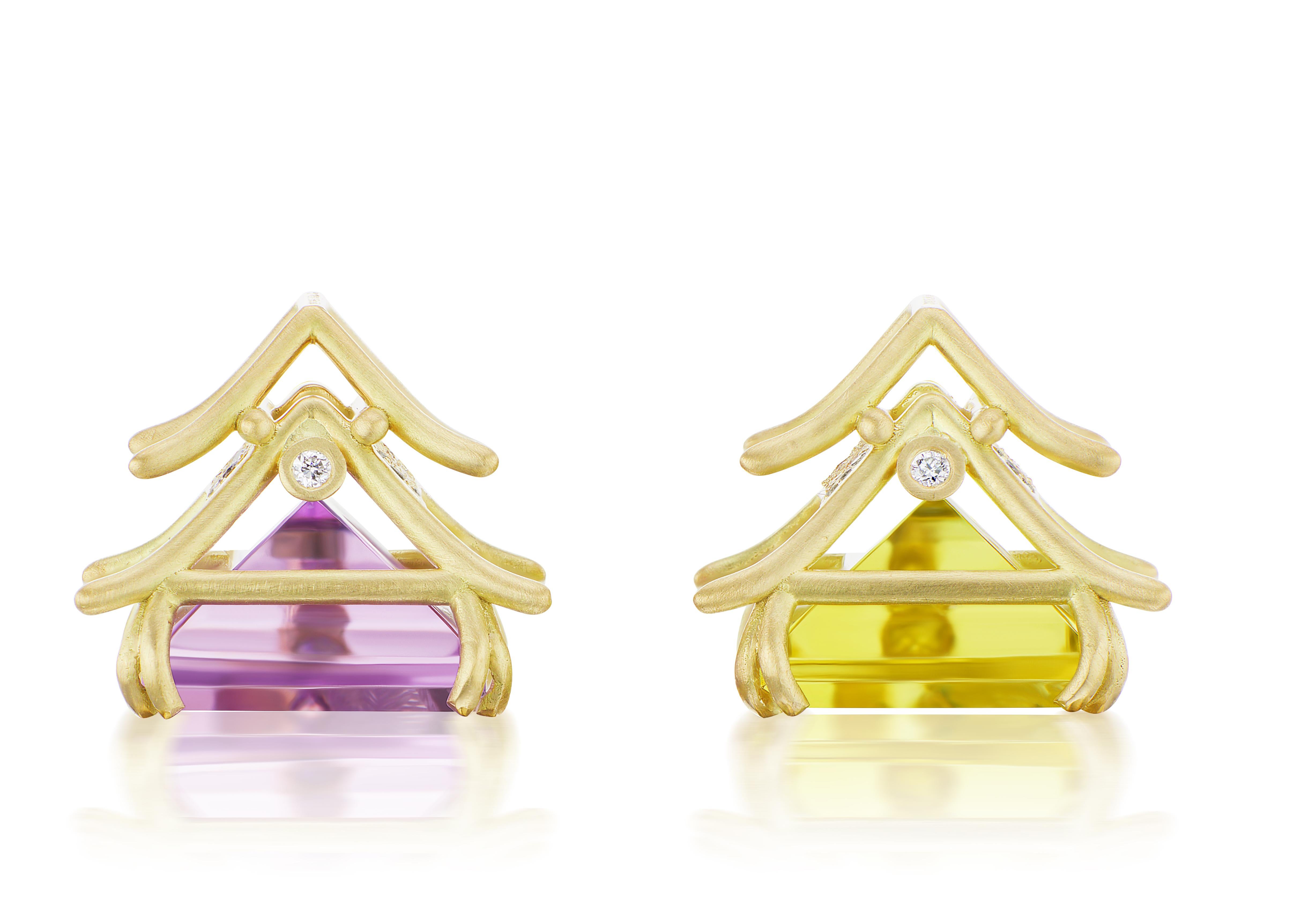 Emerald Cut Wendy Brandes Amethyst and Citrine Yellow Gold Dangle Earrings with Diamonds