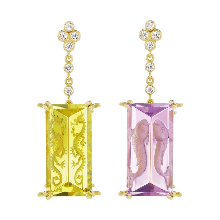 Wendy Brandes Amethyst and Citrine Yellow Gold Dangle Earrings with Diamonds