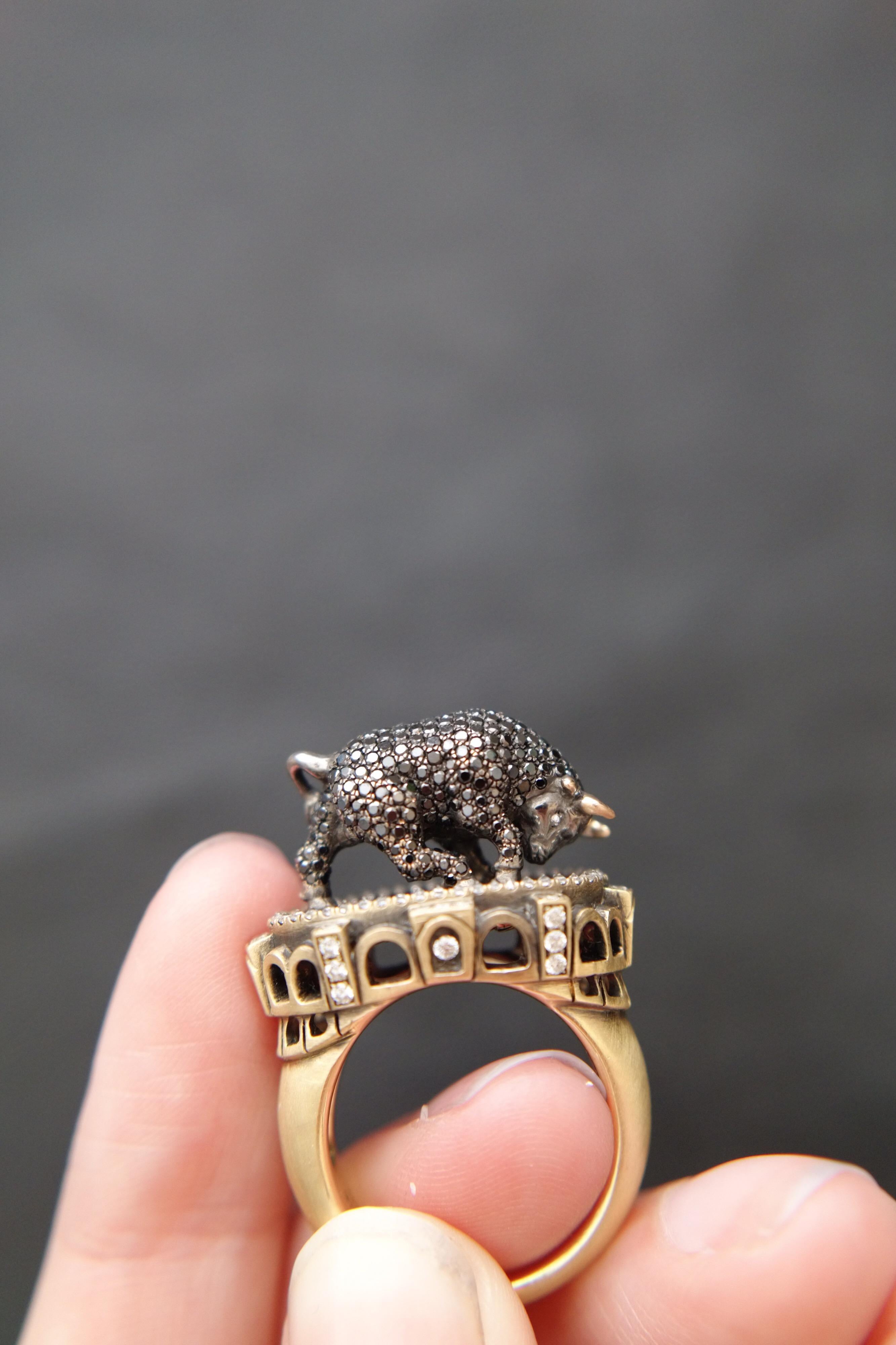 Women's or Men's Wendy Brandes 1.48 TCW Black Diamond Taurus Bull Ring With Surprise Inside For Sale