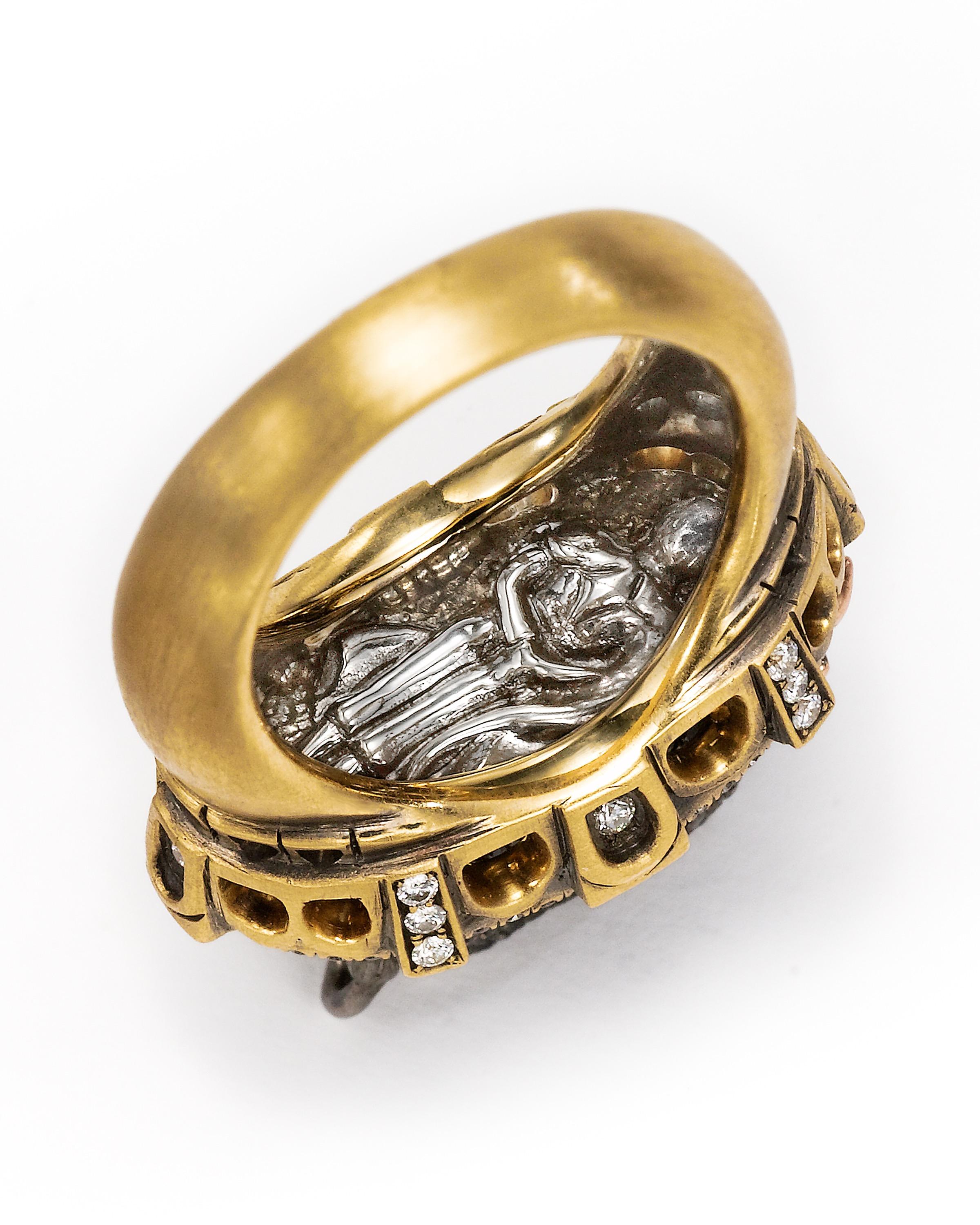 The Bull and Bullfighter Ring is the fourth in Wendy Brandes's seven-ring Maneater series, a collection that upends assumptions about power. Each Maneater ring features a triumphant figure on top, with a tiny man tucked away inside of the band. In