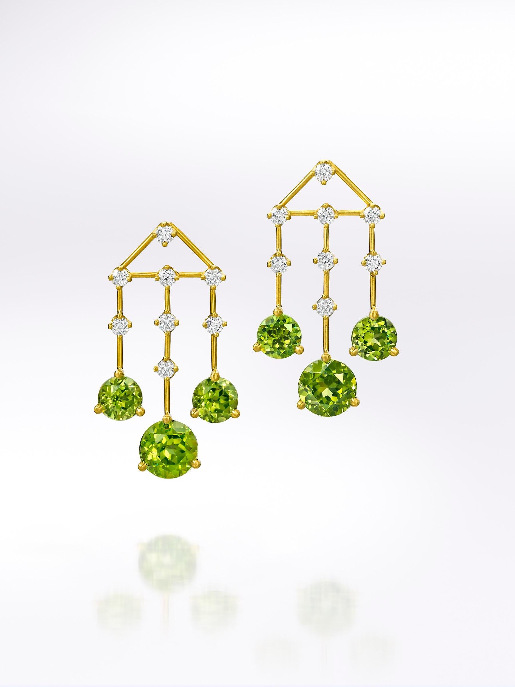 The exceptional beauty of the peridots used for these earrings made Wendy decide that this design should never be replicated.  Peridot is one of August's birthstones, making these chandelier earrings an ideal birthday gift for that month ... or for