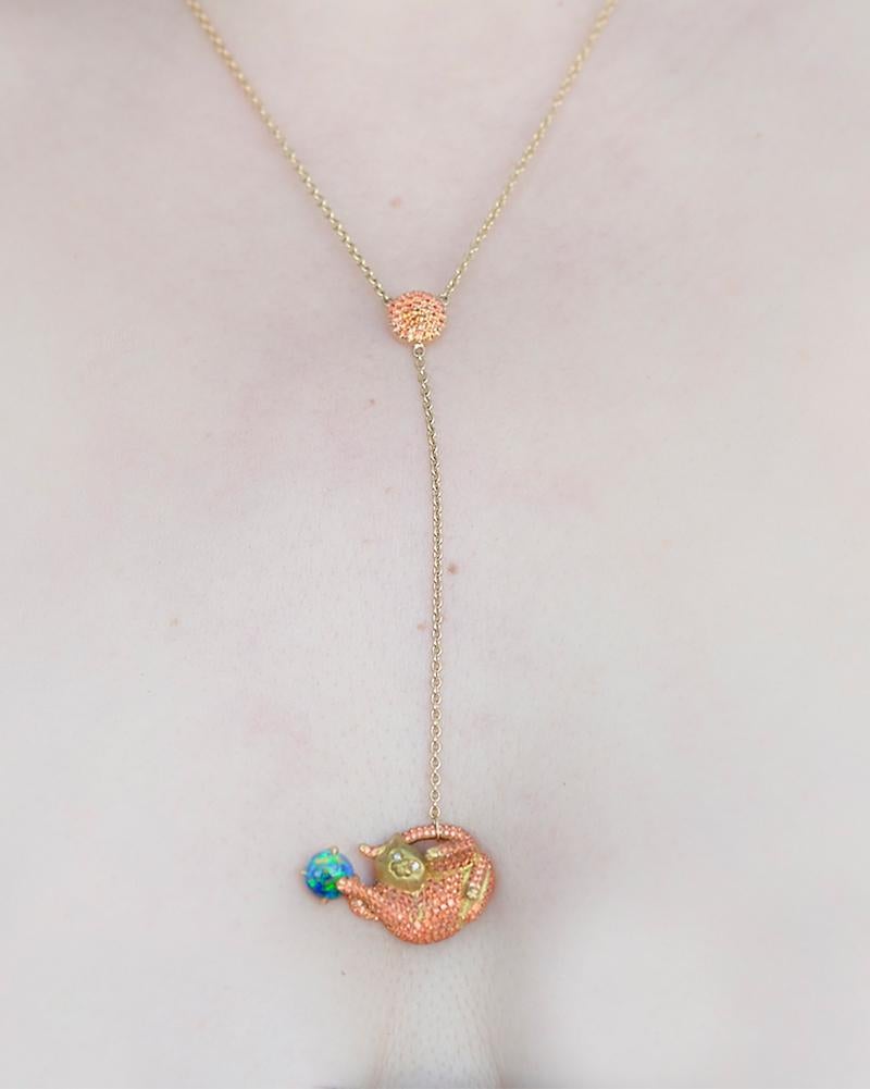 Contemporary Wendy Brandes 18K Yellow Gold Cat Lariat Necklace With Orange Sapphires and Opal For Sale