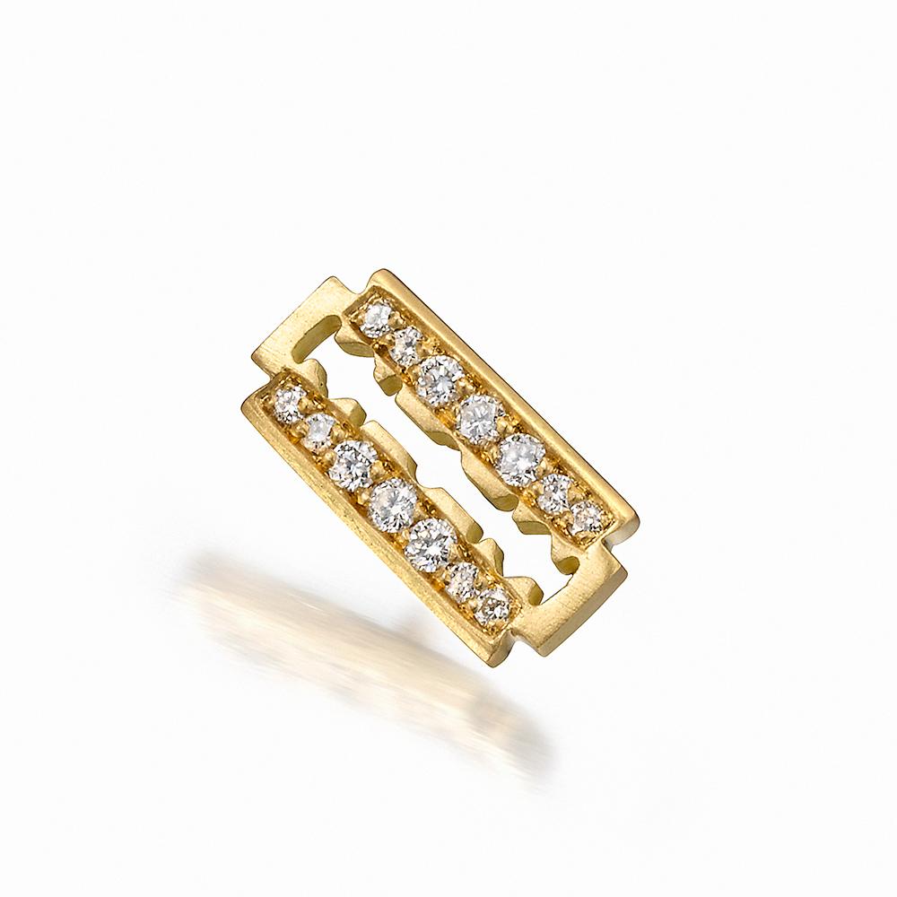 A trio of earrings in 18K yellow gold.
Anarchy symbol stud earring has 16 diamond rounds totaling 0.04 carats (E/F, VS1/VS2).
Razor blade stud earring has 14 diamond rounds totaling 0.5 carats (E/F, VS1/VS2).
Safety pin earring has 0.12 carats of
