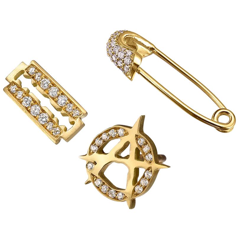 Wendy Brandes Ear Game 3-pc Safety Pin Razor Anarchy Diamond Gold Stud Earrings
