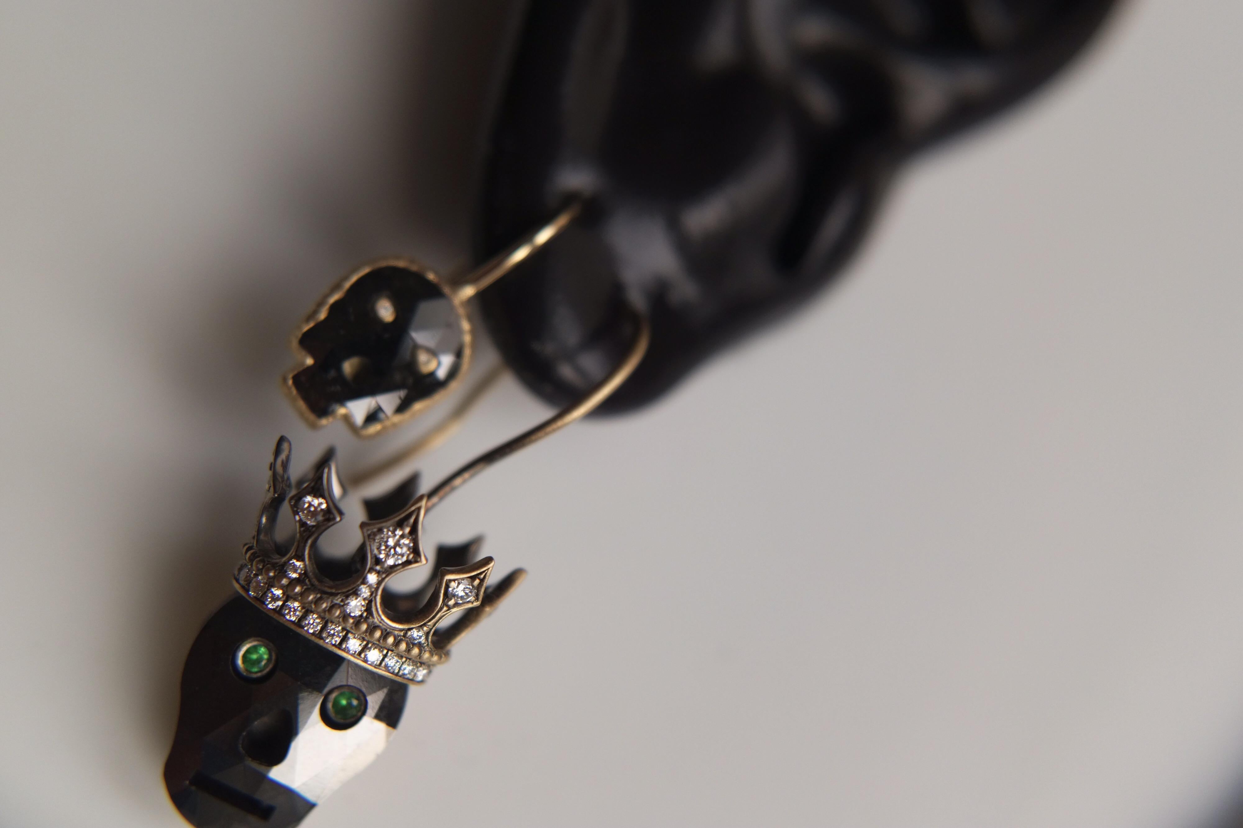 Round Cut Wendy Brandes Memento Mori Black Diamond Skull Earrings With Crowns