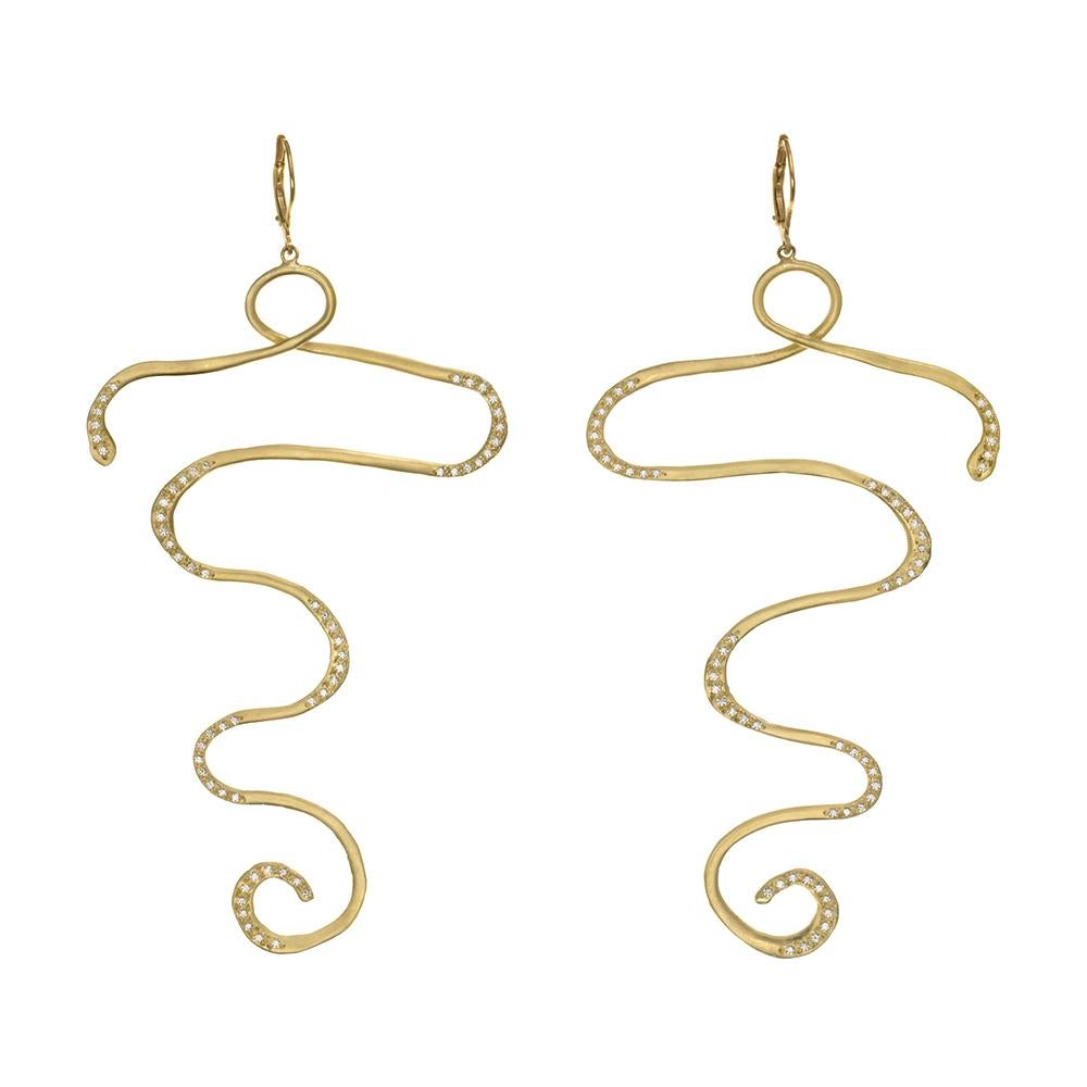 Round Cut Wendy Brandes 18K Yellow Gold Snake Chandelier Earrings With Diamonds For Sale