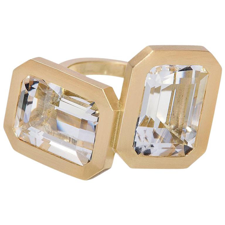 Wendy Brandes Emerald Cut Double Rock Crystal Gold Statement Stacking Ring