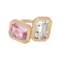 Wendy Brandes Emerald Cut Kunzite and Rock Crystal Gold Statement Ring