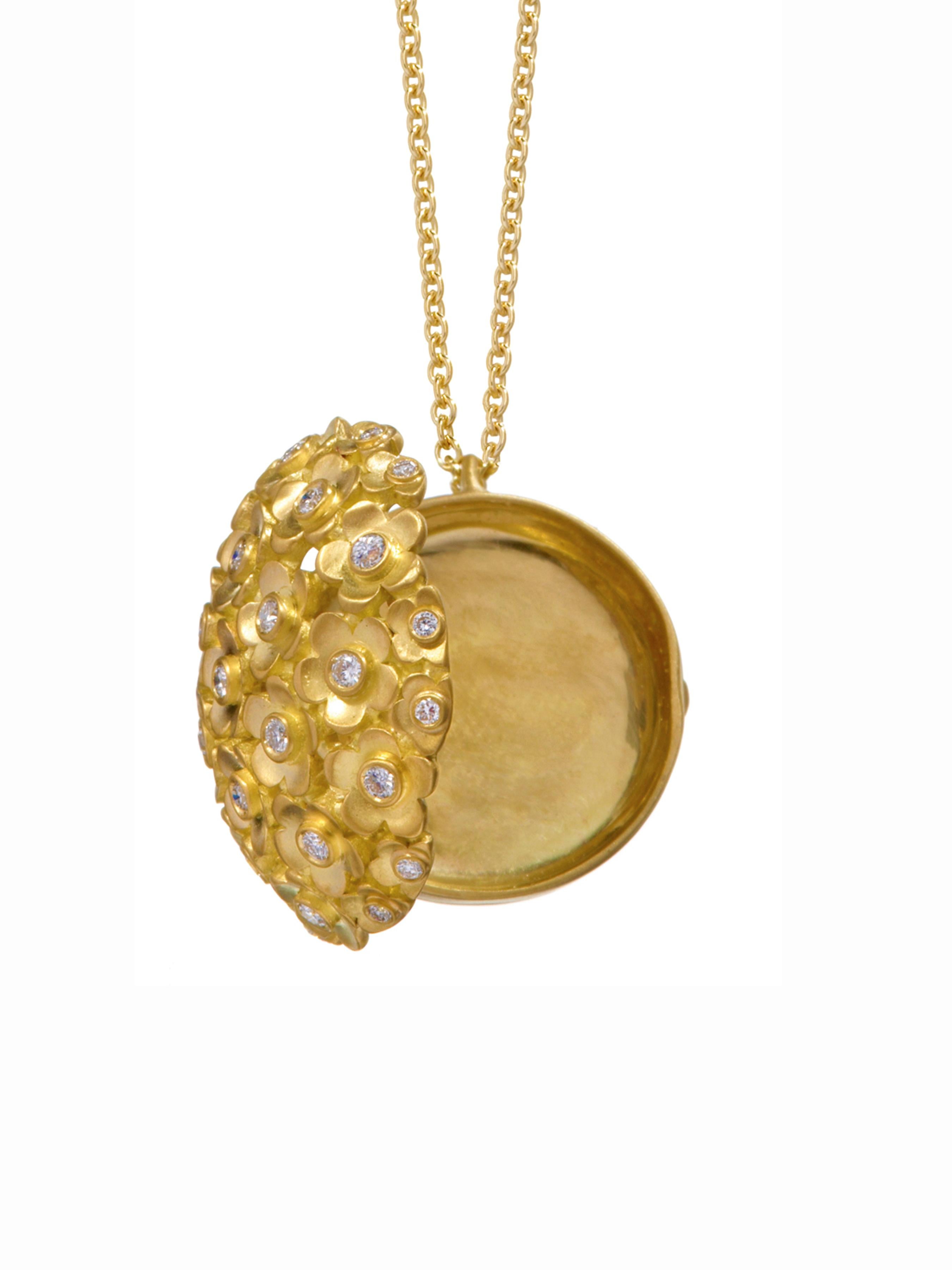 Round Cut Wendy Brandes Flower Opening Scent Locket Diamond and Gold Ring and Necklace Set
