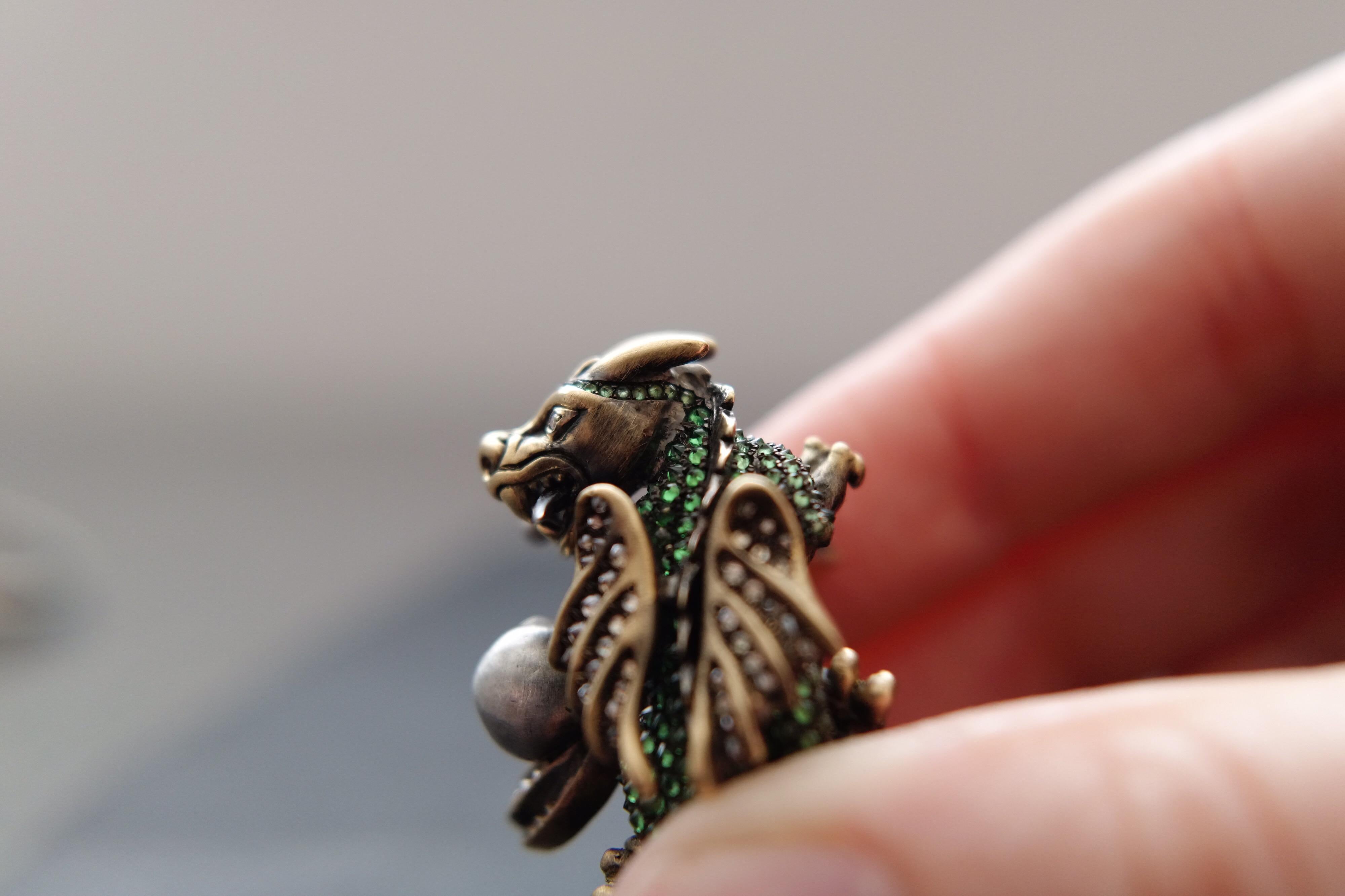 Women's or Men's Wendy Brandes 18K Gold and Gemstone Dragon Ring With Hidden Knight