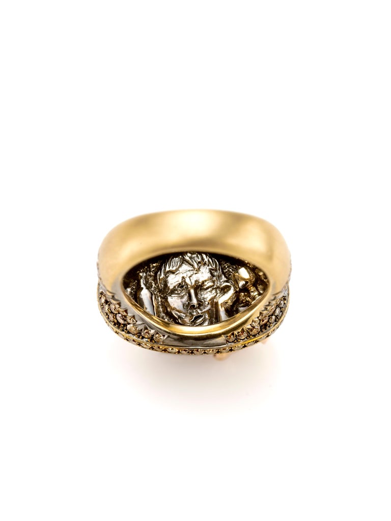 Contemporary Wendy Brandes 2 TCW Pink Sapphire Elephant Ring in 18K Gold With Brown Diamonds For Sale