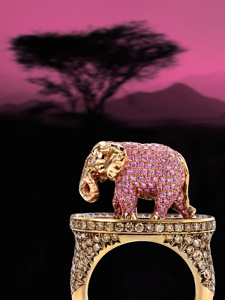 Round Cut Wendy Brandes 2 TCW Pink Sapphire Elephant Ring in 18K Gold With Brown Diamonds For Sale