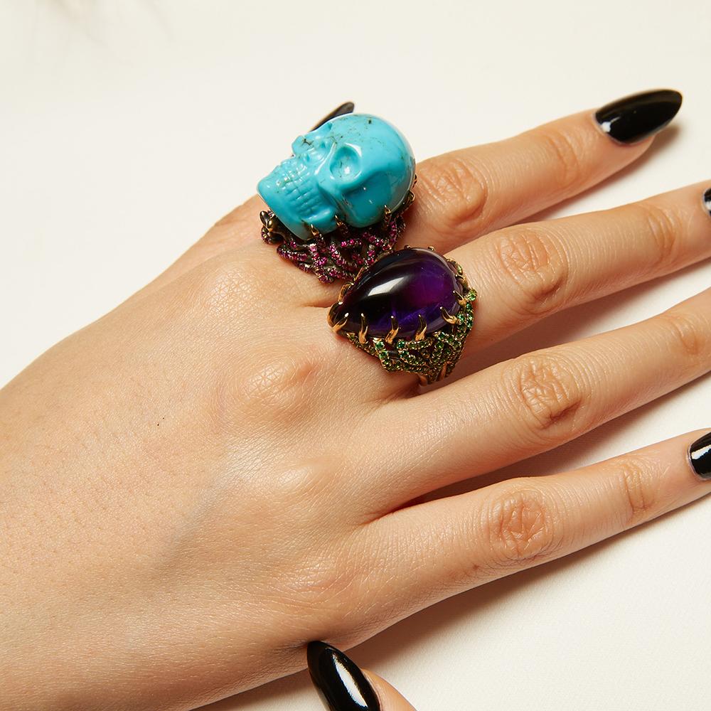 Wendy Brandes Turquoise and Ruby Skull Ring In New Condition In New York, NY