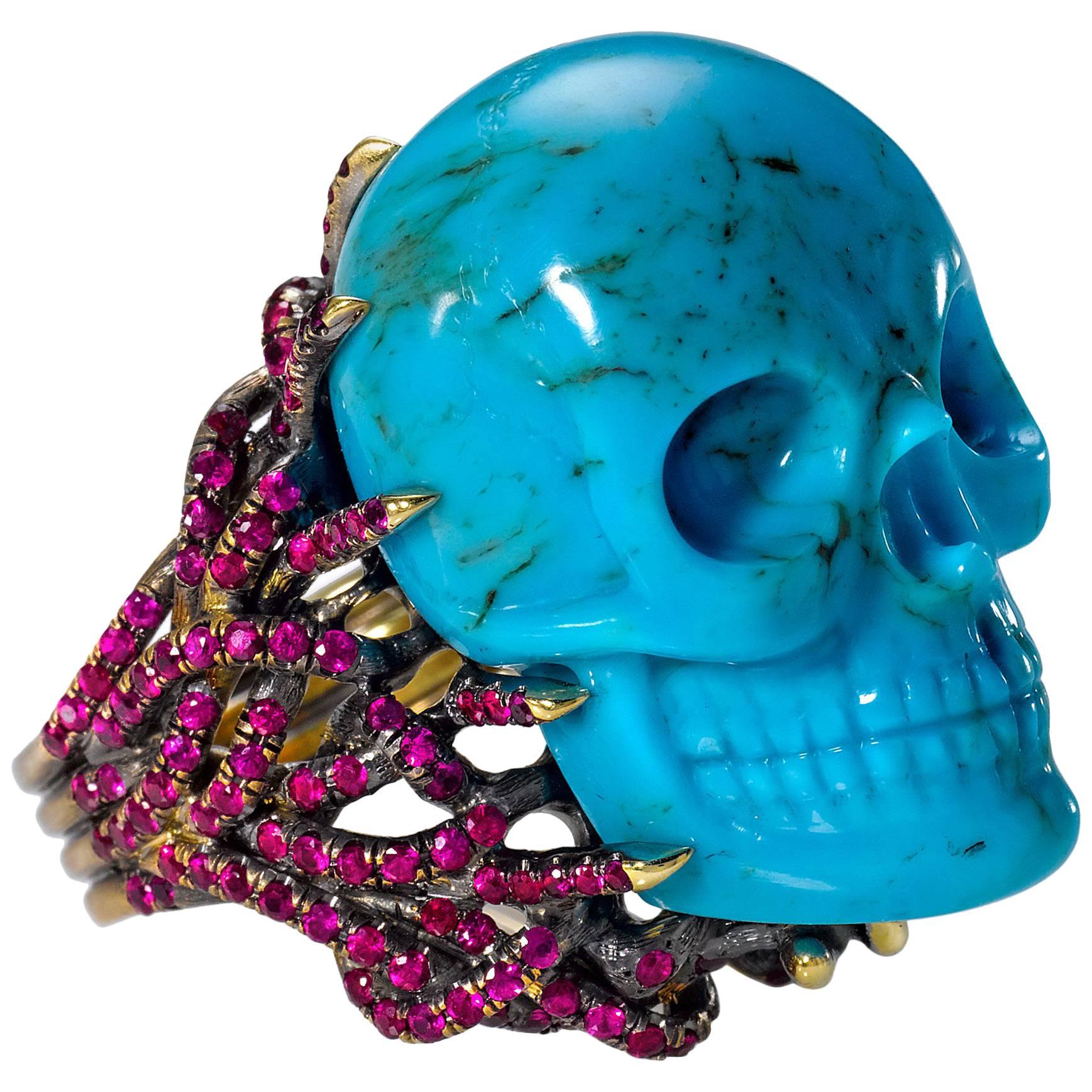 Wendy Brandes Turquoise and Ruby Skull Ring
