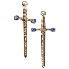 Wendy Brandes Stick Straight Sword 18K Gold Blue Sapphire Diamond Earrings