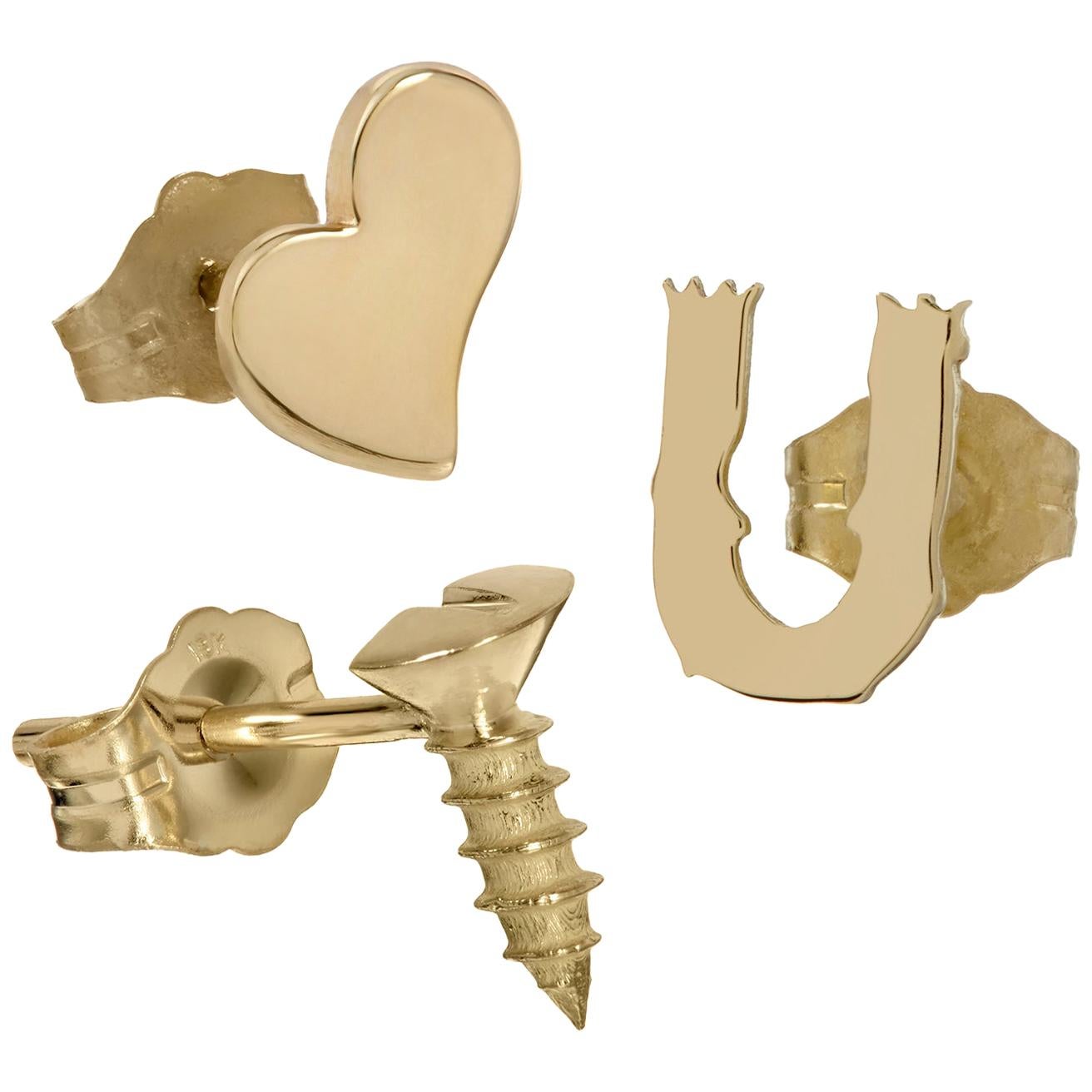 Wendy Brandes "Bad Romance" 18K Gold Heart and Screw Stud Earring Trio
