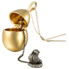 Wendy Brandes Mechanical Chicken and Egg Gold Locket Necklace