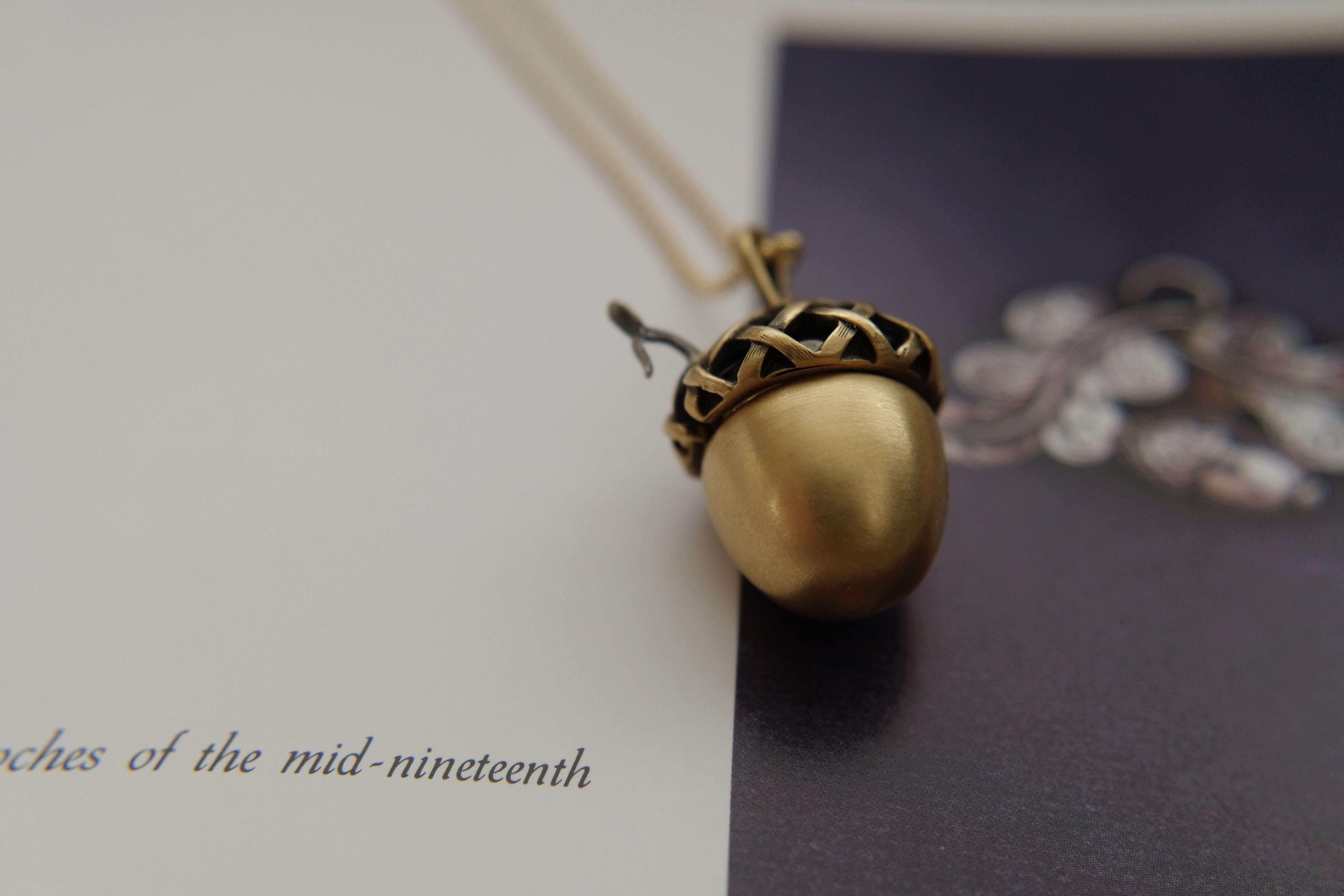 Contemporary Wendy Brandes Mechanical Fall Oak Acorn and Squirrel Animal Gold Locket Necklace