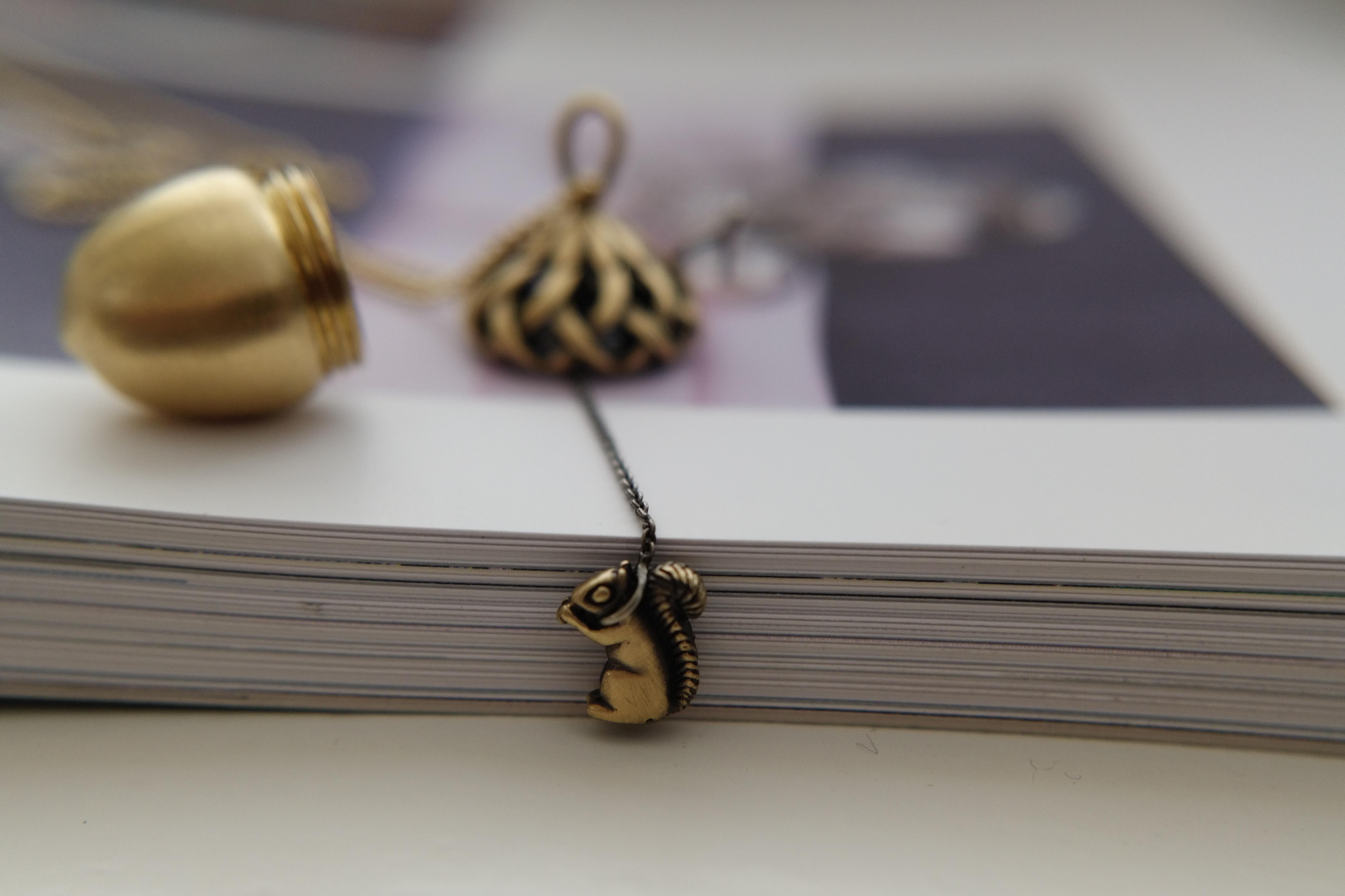Women's or Men's Wendy Brandes Mechanical Fall Oak Acorn and Squirrel Animal Gold Locket Necklace