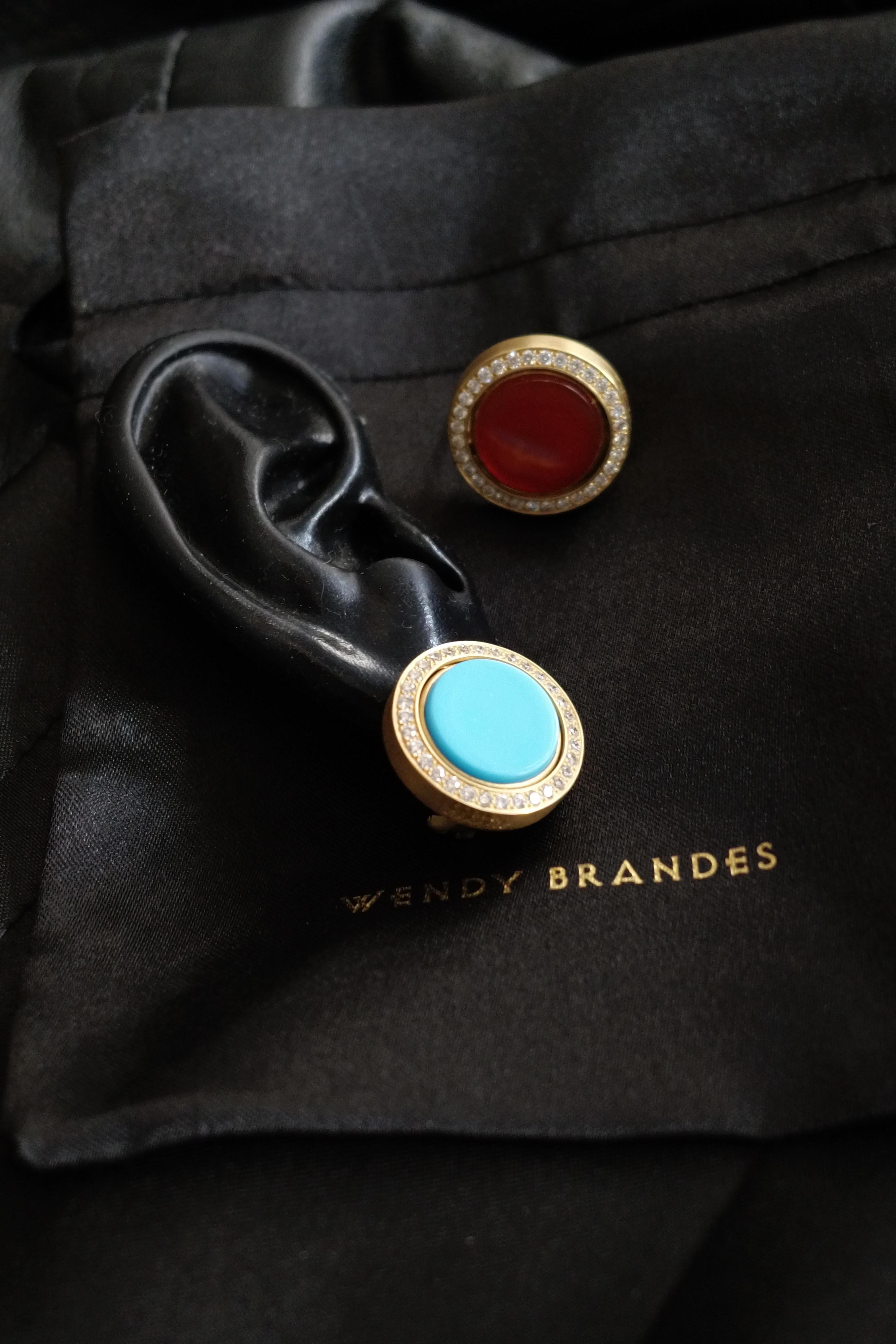 Cabochon Wendy Brandes Turquoise, Carnelian, and Diamond Flip Earrings in 18K Yellow Gold