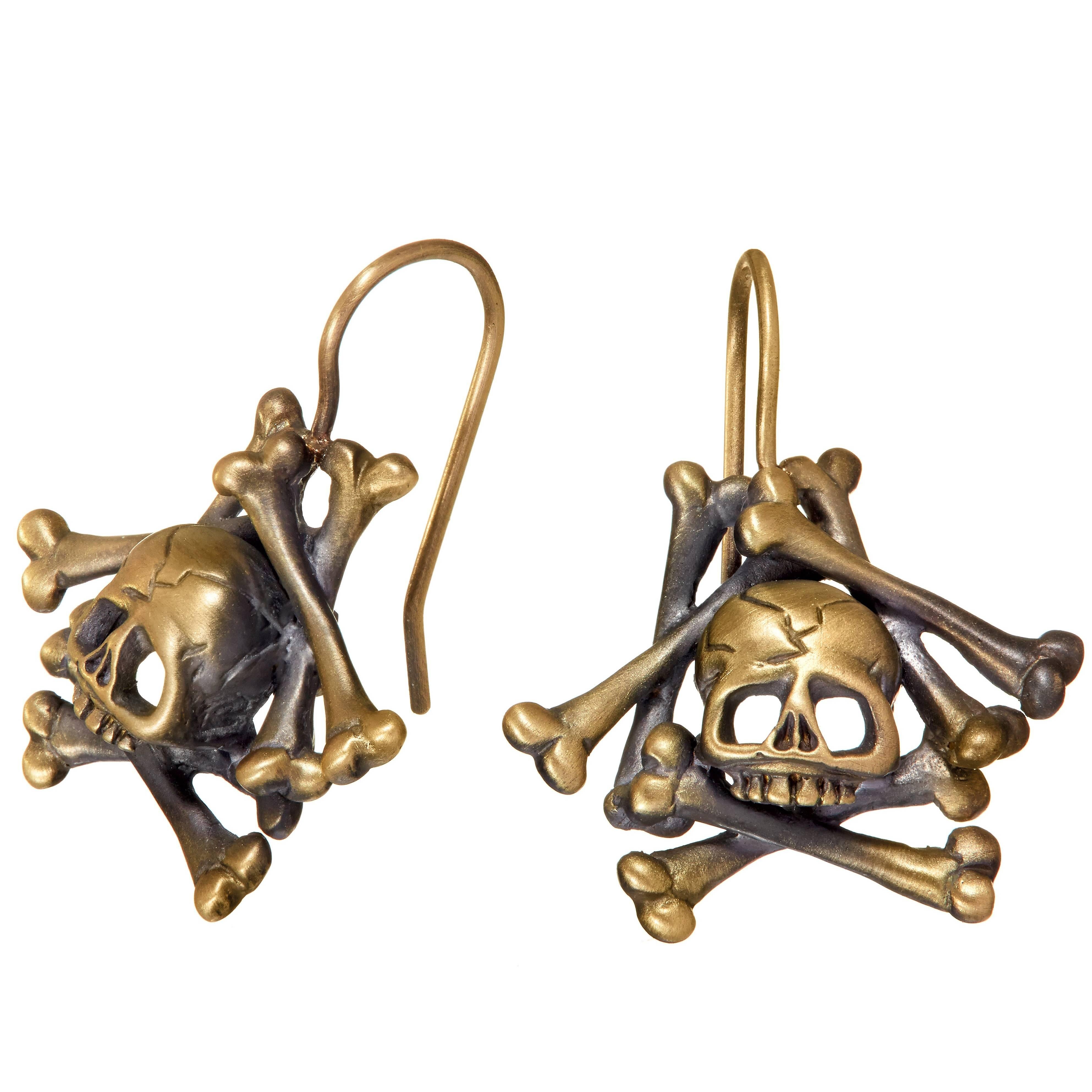 Wendy Brandes Memento Mori Skull and Bones 18K Yellow Gold Drop Earrings