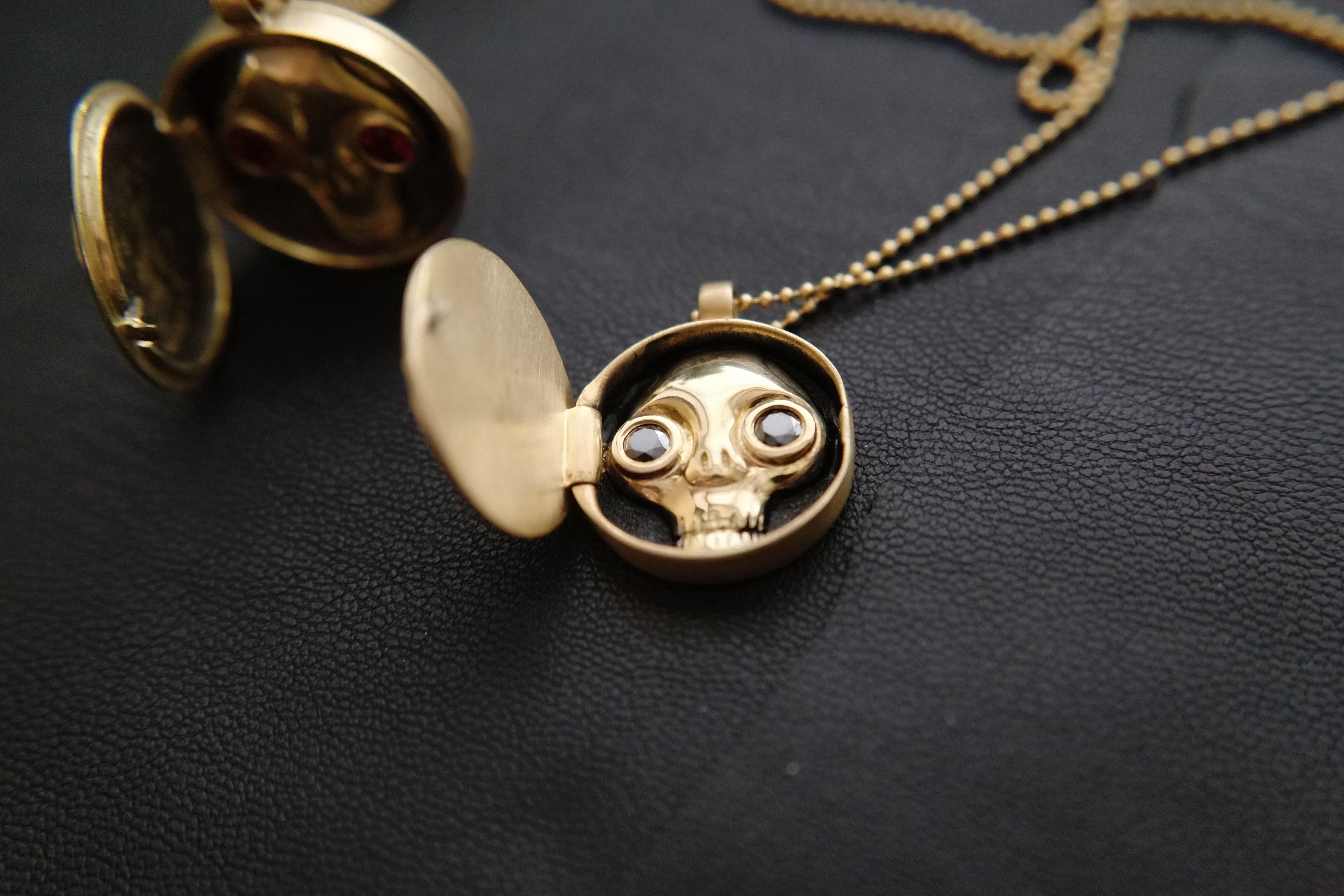 Wendy Brandes Memento Mori Skull 18K Gold Locket Necklace With Black Diamonds For Sale 3