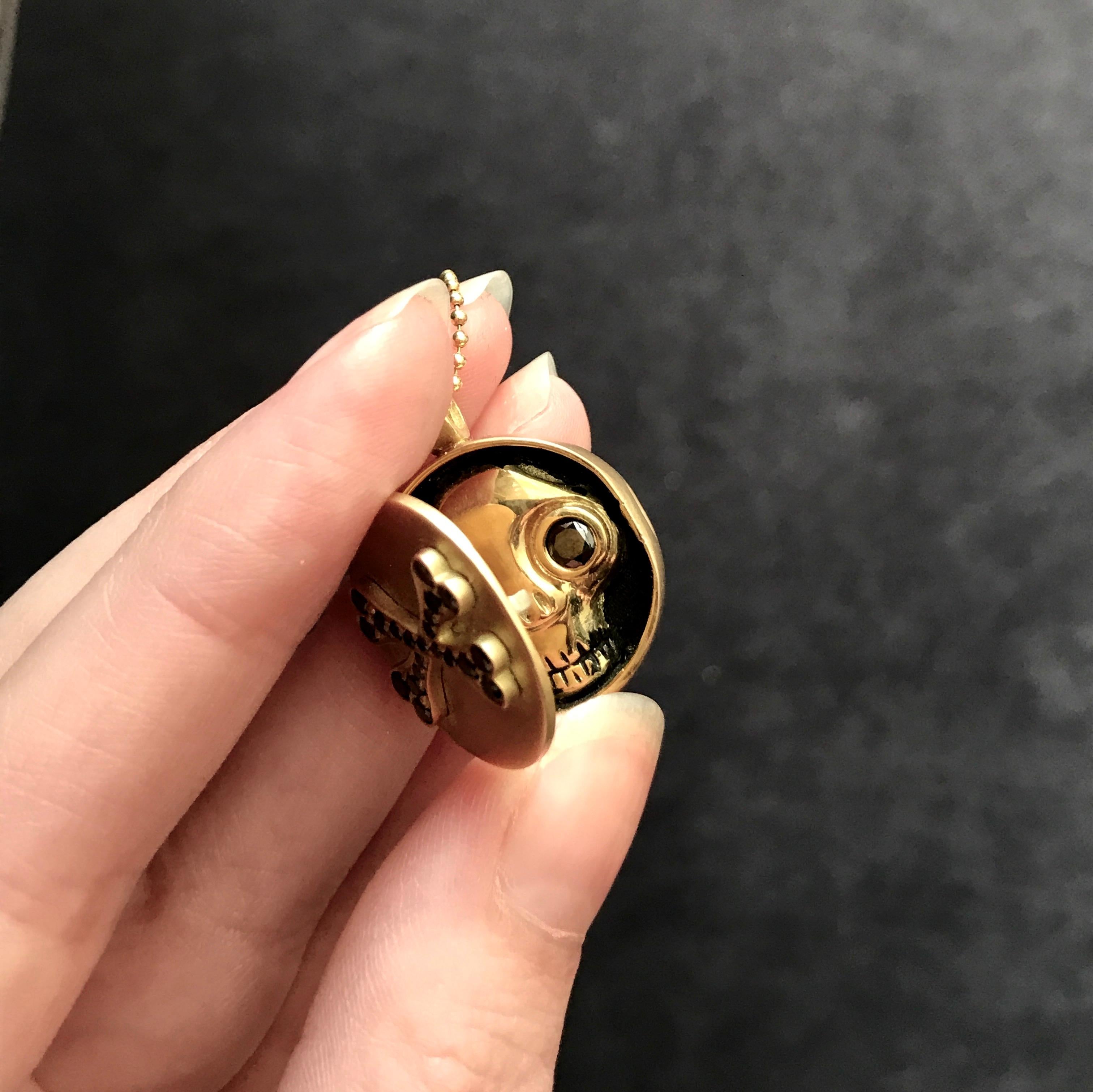 Wendy Brandes Memento Mori Skull 18K Gold Locket Necklace With Black Diamonds In New Condition In New York, NY