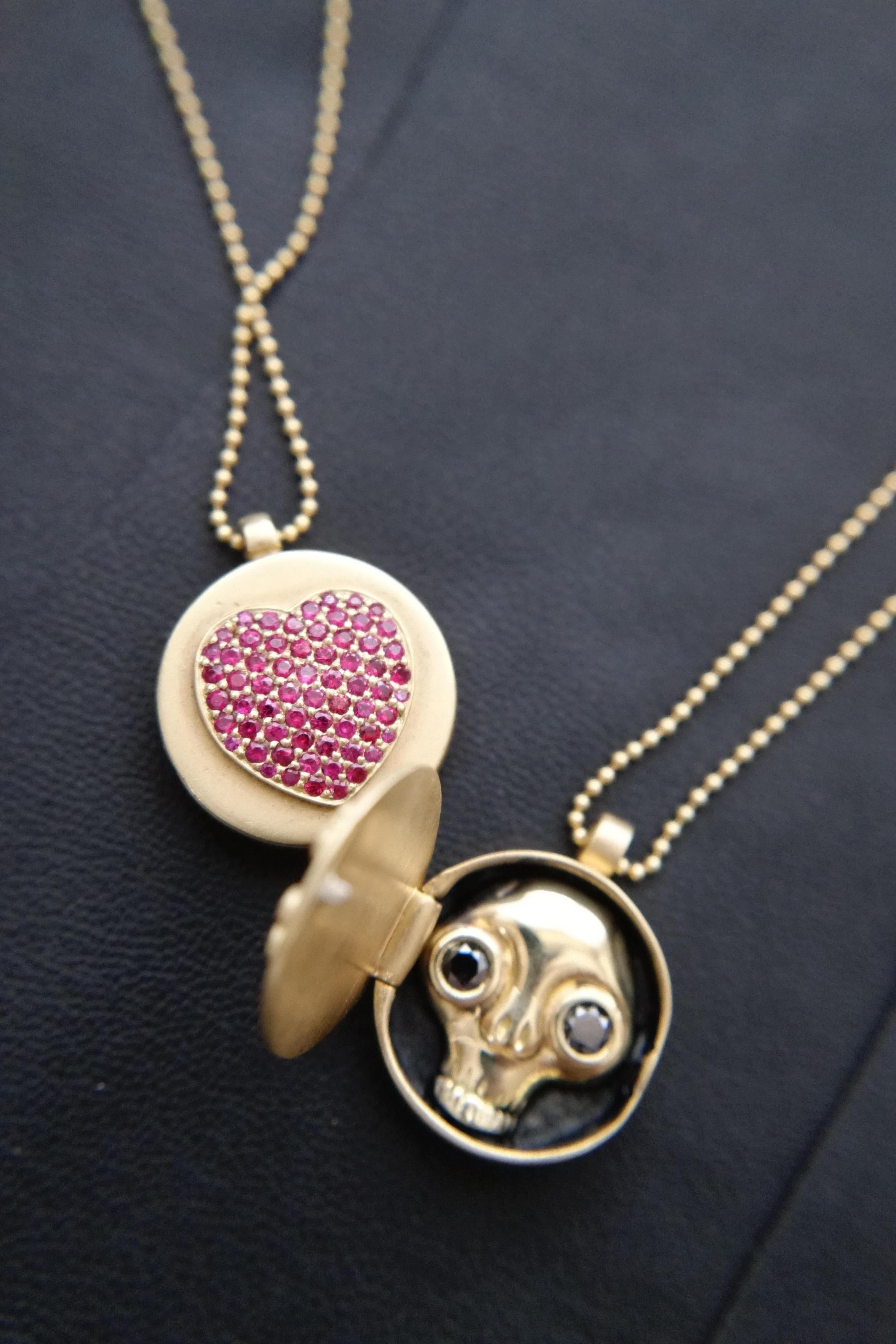 Wendy Brandes Memento Mori Skull 18K Gold Locket Necklace With Black Diamonds 1