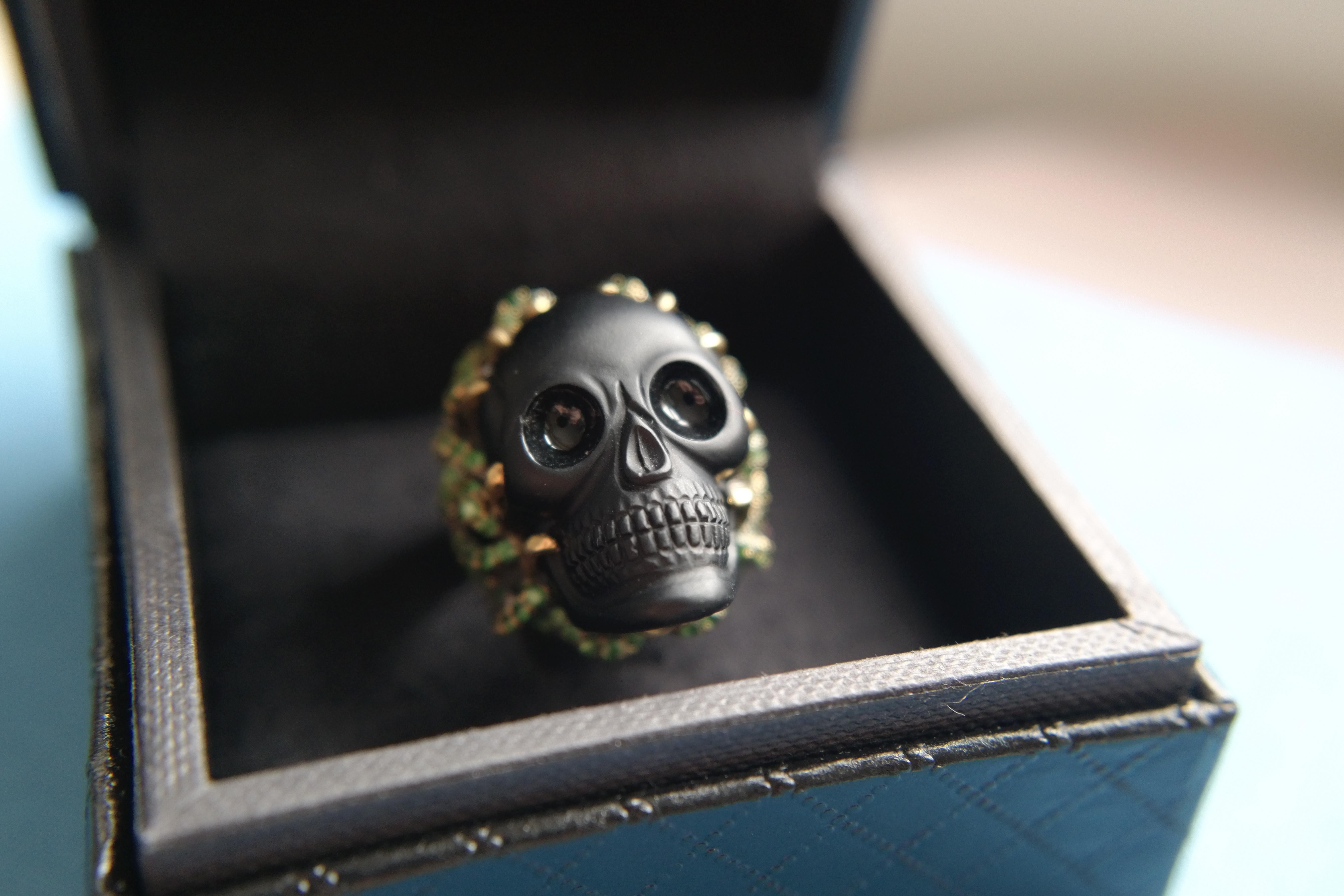 Wendy Brandes Onyx Skull Ring With Green Garnets and Hidden Diamonds For Sale 2