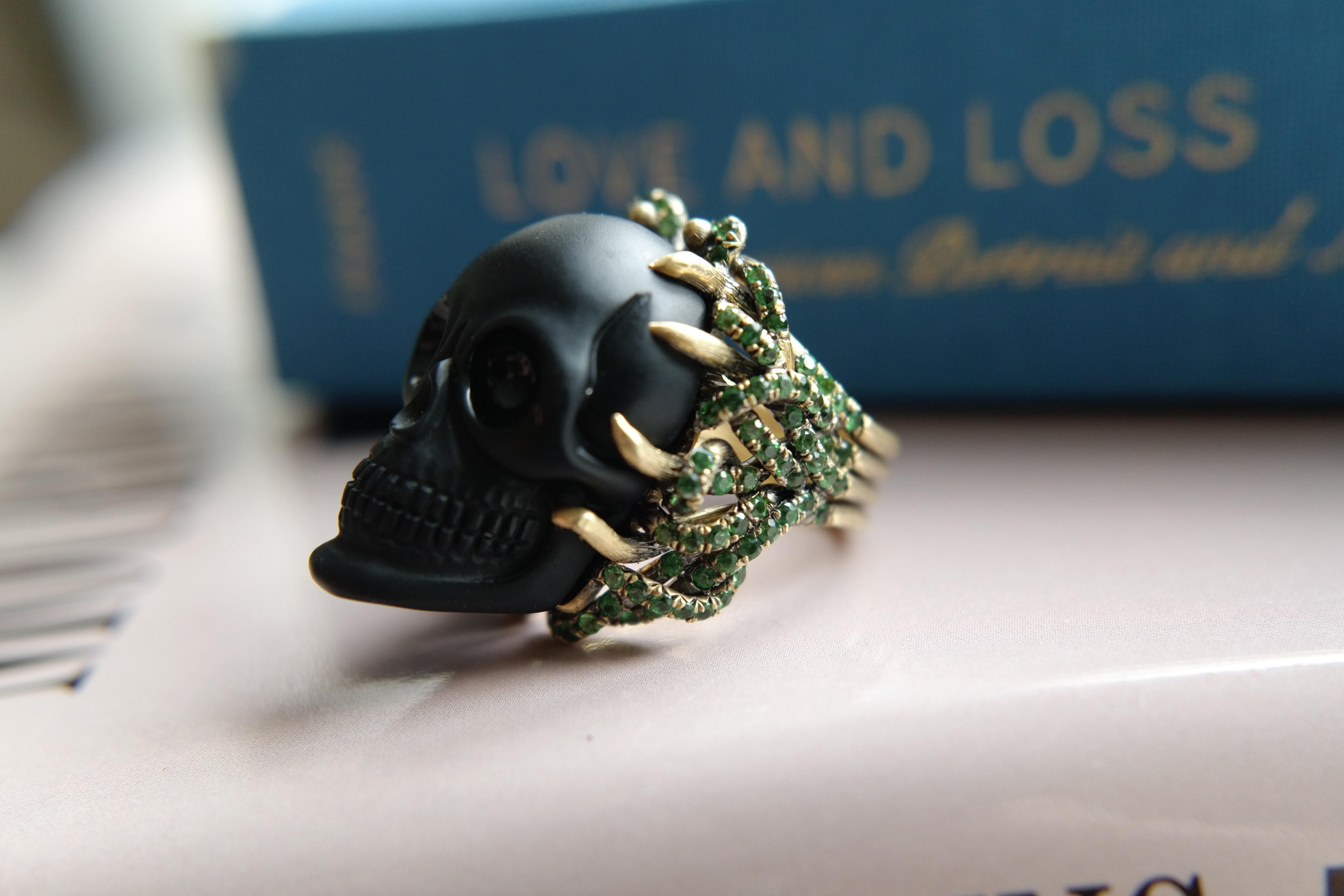 Wendy Brandes Onyx Skull Ring With Green Garnets and Hidden Diamonds For Sale 5