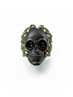 Wendy Brandes Onyx Skull Ring With Green Garnets and Hidden Diamonds
