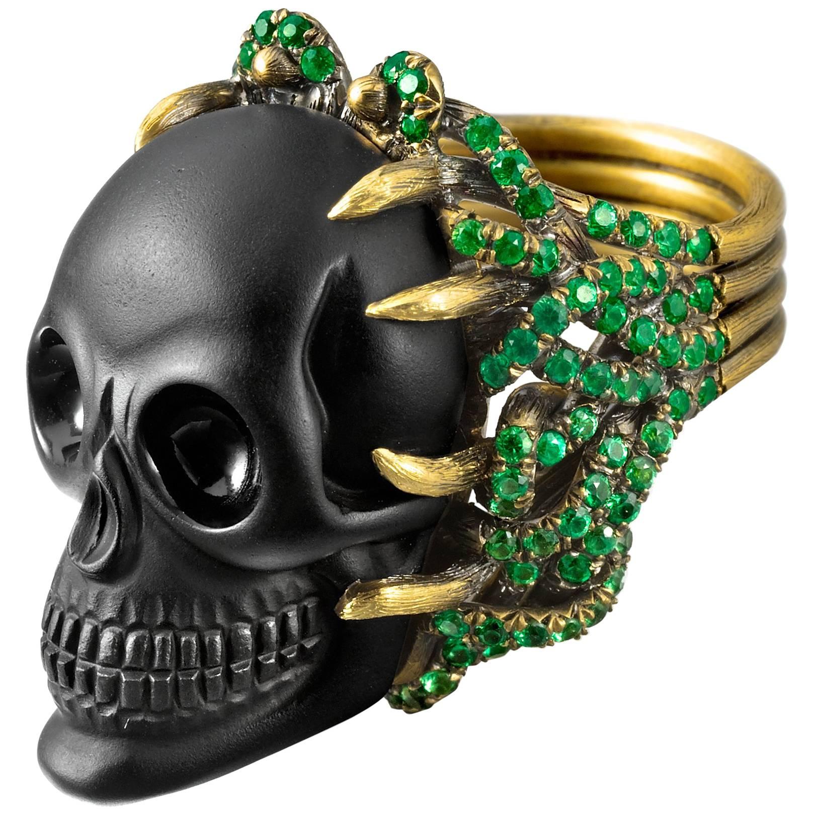 Wendy Brandes Onyx Skull Ring With Green Garnets and Hidden Diamonds For Sale