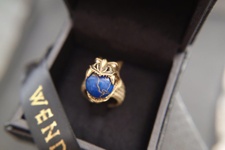 Wendy Brandes 18K Yellow Gold Dragon Ring With Spinning Lapis Lazuli Globe  For Sale 5