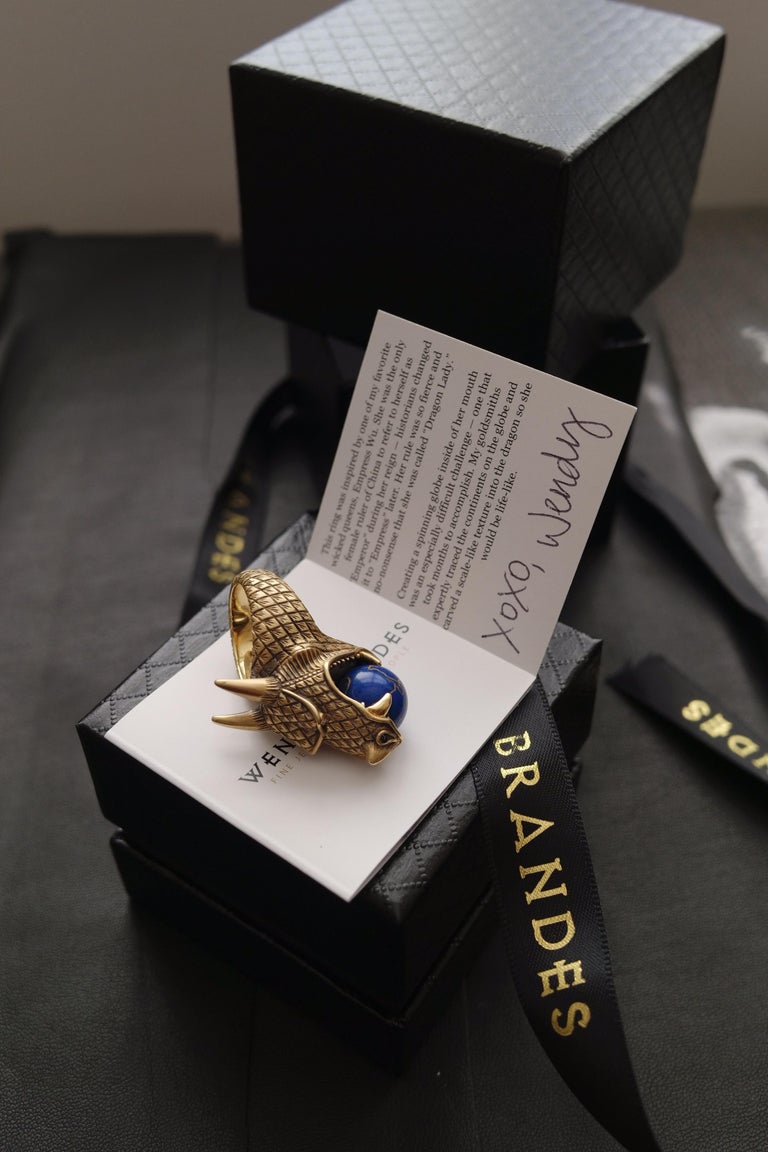 Wendy Brandes 18K Yellow Gold Dragon Ring With Spinning Lapis Lazuli Globe  For Sale 6
