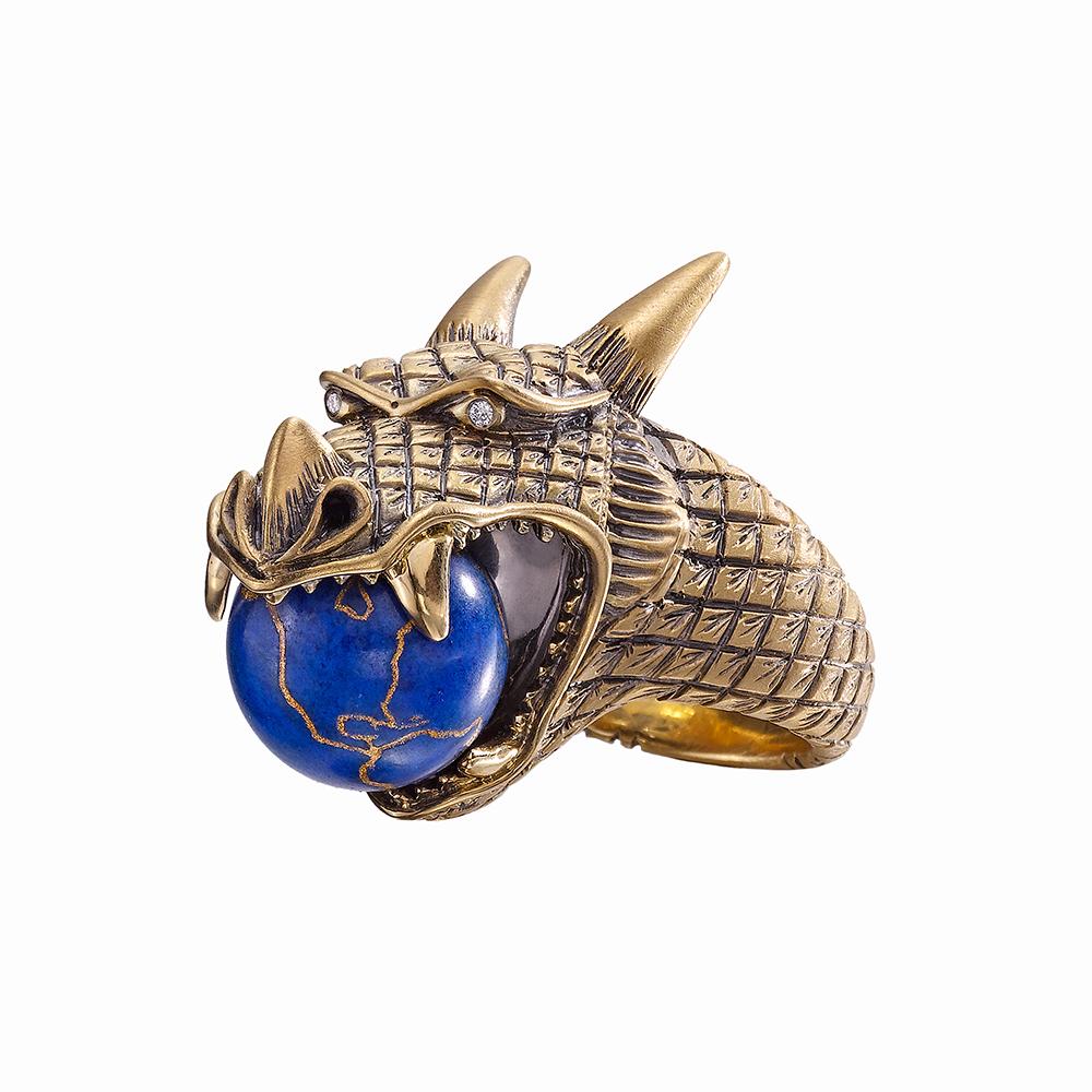 Wendy Brandes 18K Yellow Gold Dragon Ring With Spinning Lapis Lazuli Globe 