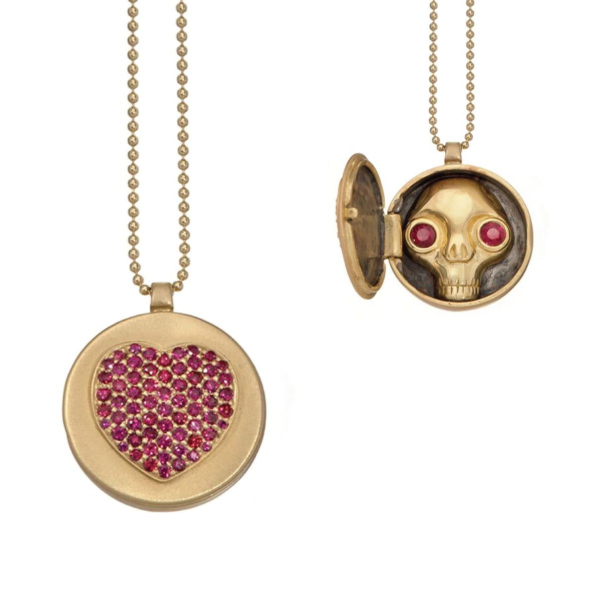 Wendy Brandes One-of-a-Kind Skull (inside) Gold Ruby Heart Locket Necklace