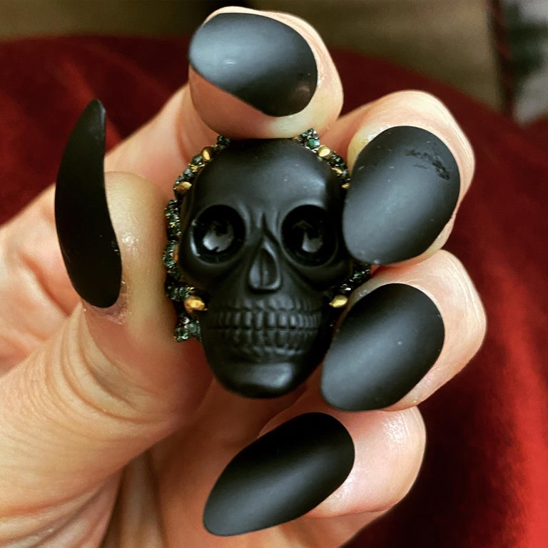 Wendy Brandes Onyx Skull Ring With Green Garnets and Hidden Diamonds For Sale 3