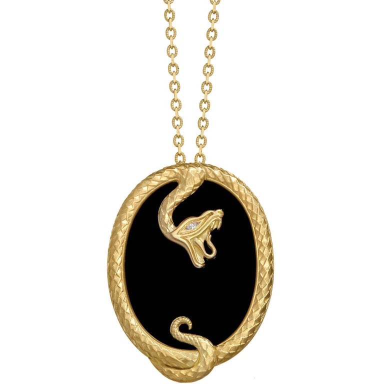 Wendy Brandes Onyx and 18K Yellow Gold Snake Pendant Necklace, Diamond Accent For Sale