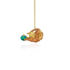 Wendy Brandes 18K Yellow Gold Cat Lariat Necklace With Orange Sapphires and Opal
