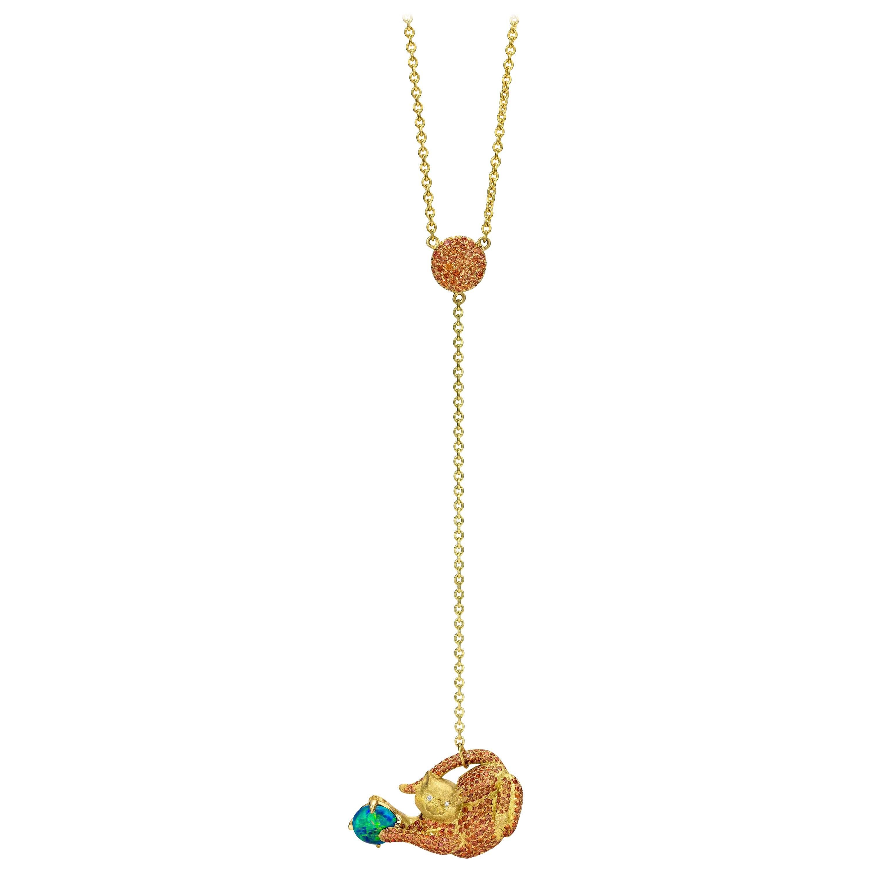 Wendy Brandes 18K Yellow Gold Cat Lariat Necklace With Orange Sapphires and Opal For Sale