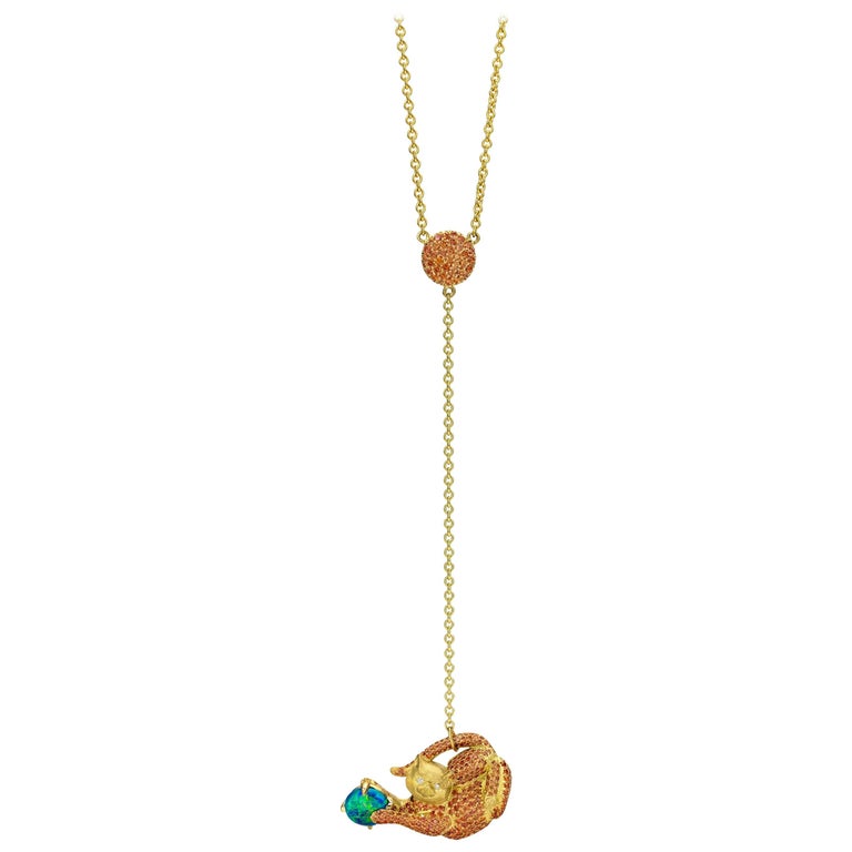 Wendy Brandes 18K Gold Cat Lariat Necklace With Orange Sapphires and Opal For Sale