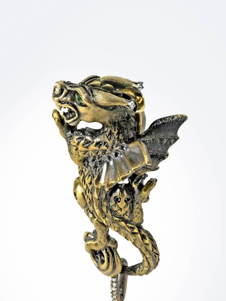 Contemporary Wendy Brandes Yellow Gold Dragon Earrings With Pearls, Diamonds, and Tsavorites For Sale