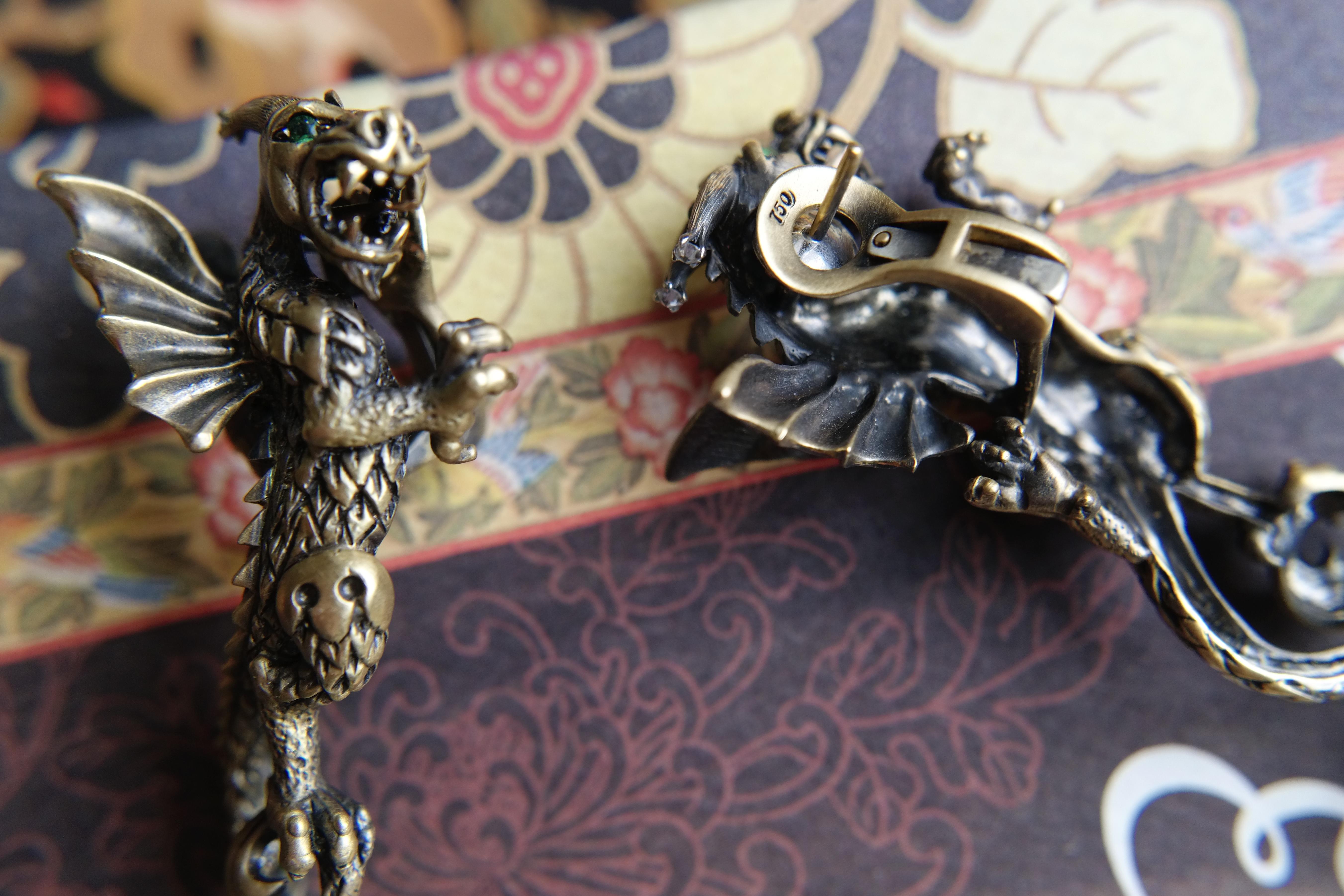 Women's Wendy Brandes Yellow Gold Dragon Earrings With Pearls, Diamonds, and Tsavorites For Sale