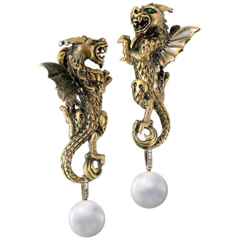 Wendy Brandes Yellow Gold Dragon Earrings With Pearls, Diamonds, and Tsavorites For Sale