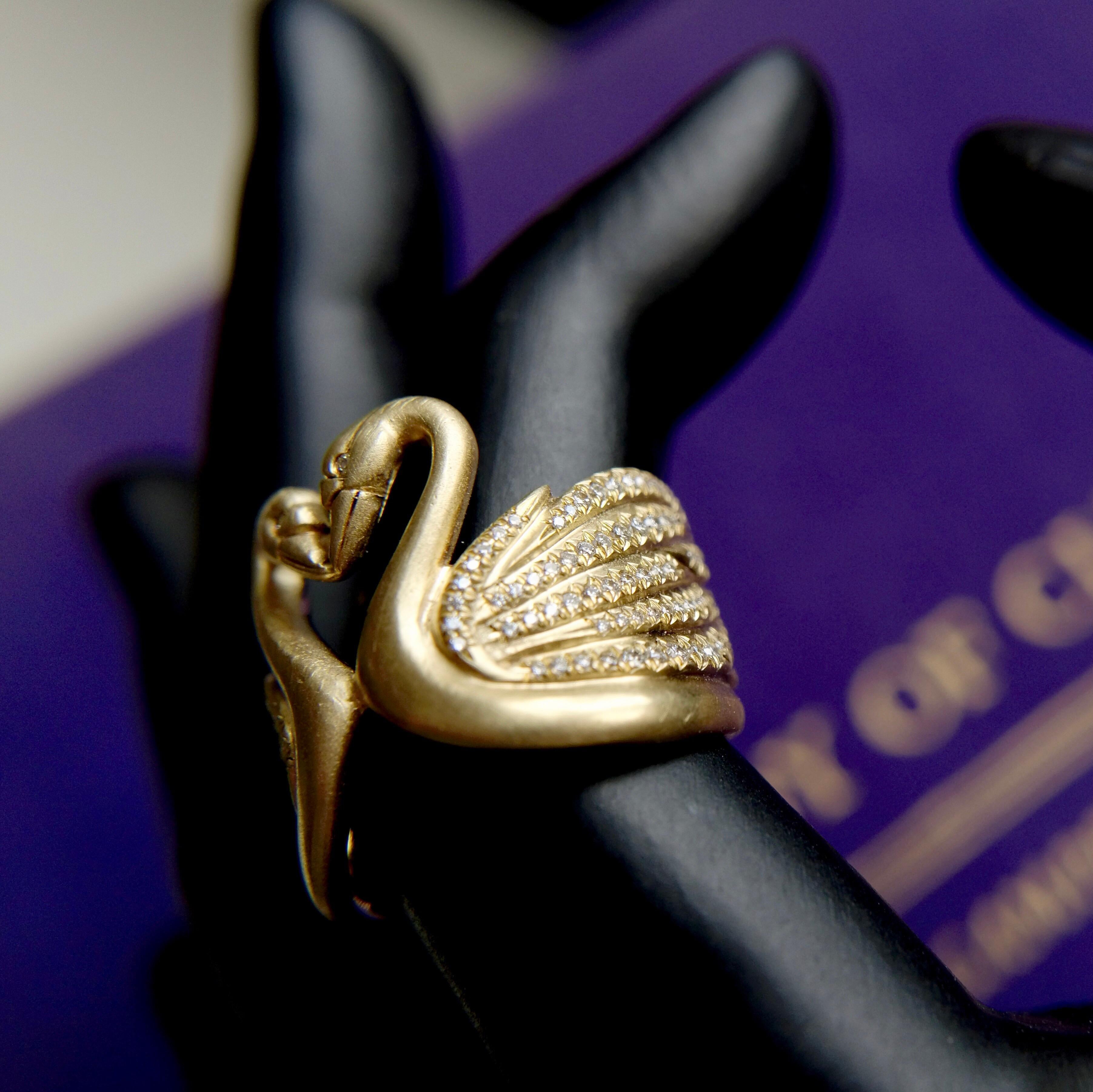 Wendy Brandes Kissing Swan Bird Gold Diamond Heart Ring In New Condition In New York, NY